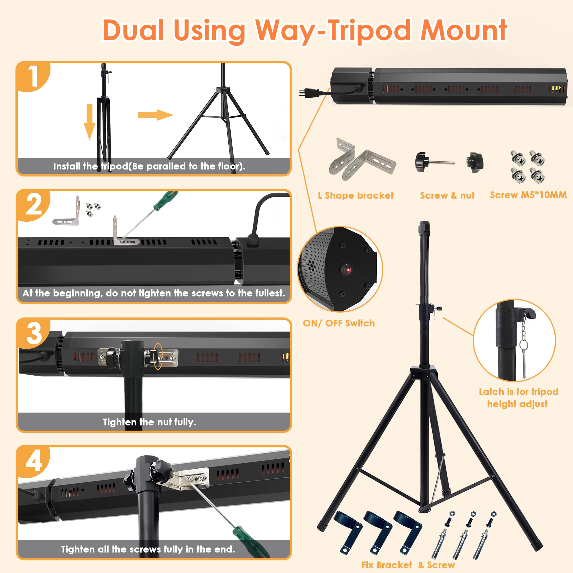 1500W Infrared Electric Patio Heater with Tripod & Remote Control - Outdoor Space Heater with Tip-over & Overheat Protection, IPX5 Waterproof, Wall Mountable for Garage, Backyard, Deck, Restaurant (Perfect for Winter Outdoor Dining & Entertainment)