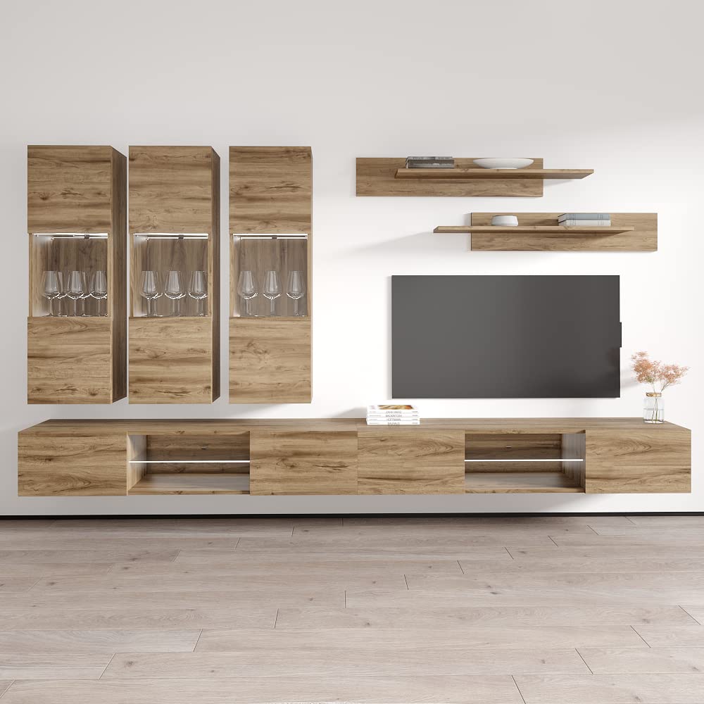 Modern Floating TV Stand with Storage & LED Lights - Wall-Mounted Entertainment Center Console for Living Room & Bedroom - Oak Wood TV Shelf with Shelves - Perfect for Small Spaces & Home Theater Setup