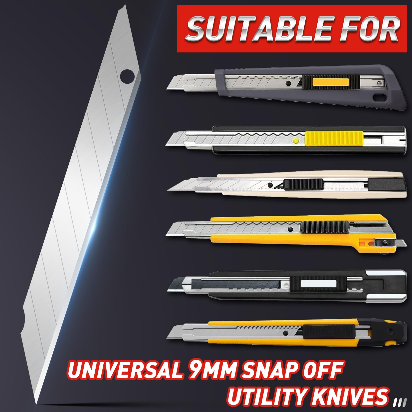 DIYSELF 50-Pack 9mm Utility Knife Blades - High Carbon Steel Snap-Off Box Cutter Blades Refills (30 Degree Angle) for Packaging, Crafting & Office Use