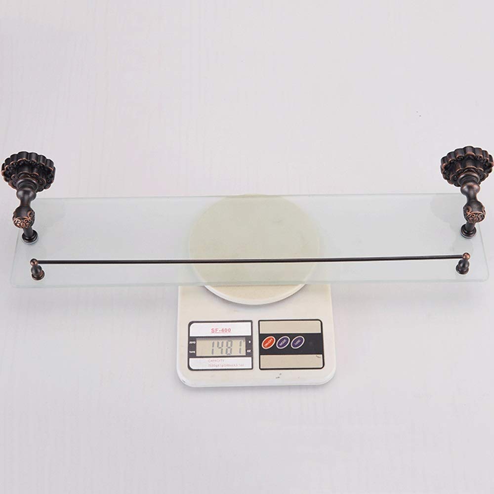 Antique Black Copper Carved Base Floating Shelves - 55CM Tempered Glass Wall Mounted Bathroom Shelf for Toilet, Makeup Storage & Organizer - Perfect for Small Space Decor, Vanity Organization and Bathroom Storage Solutions