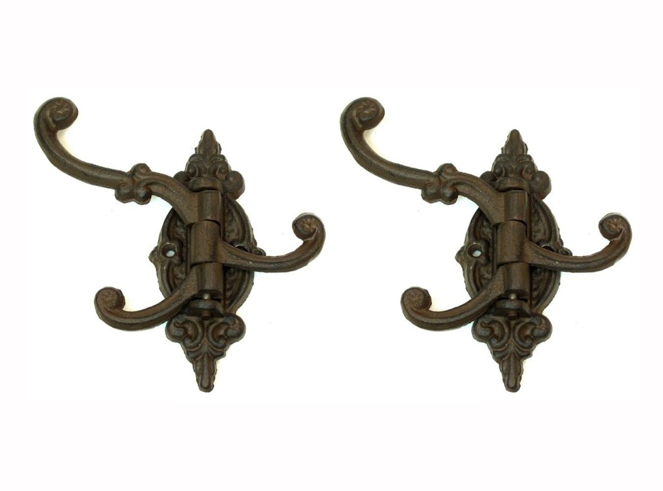 Heavy Duty Cast Iron Swivel Wall Hook Bracket with 3 Hooks - Set of 2 for Hanging Coats, Hats, Bags & Kitchen Utensils - Rustic Home & Garage Organization Solution