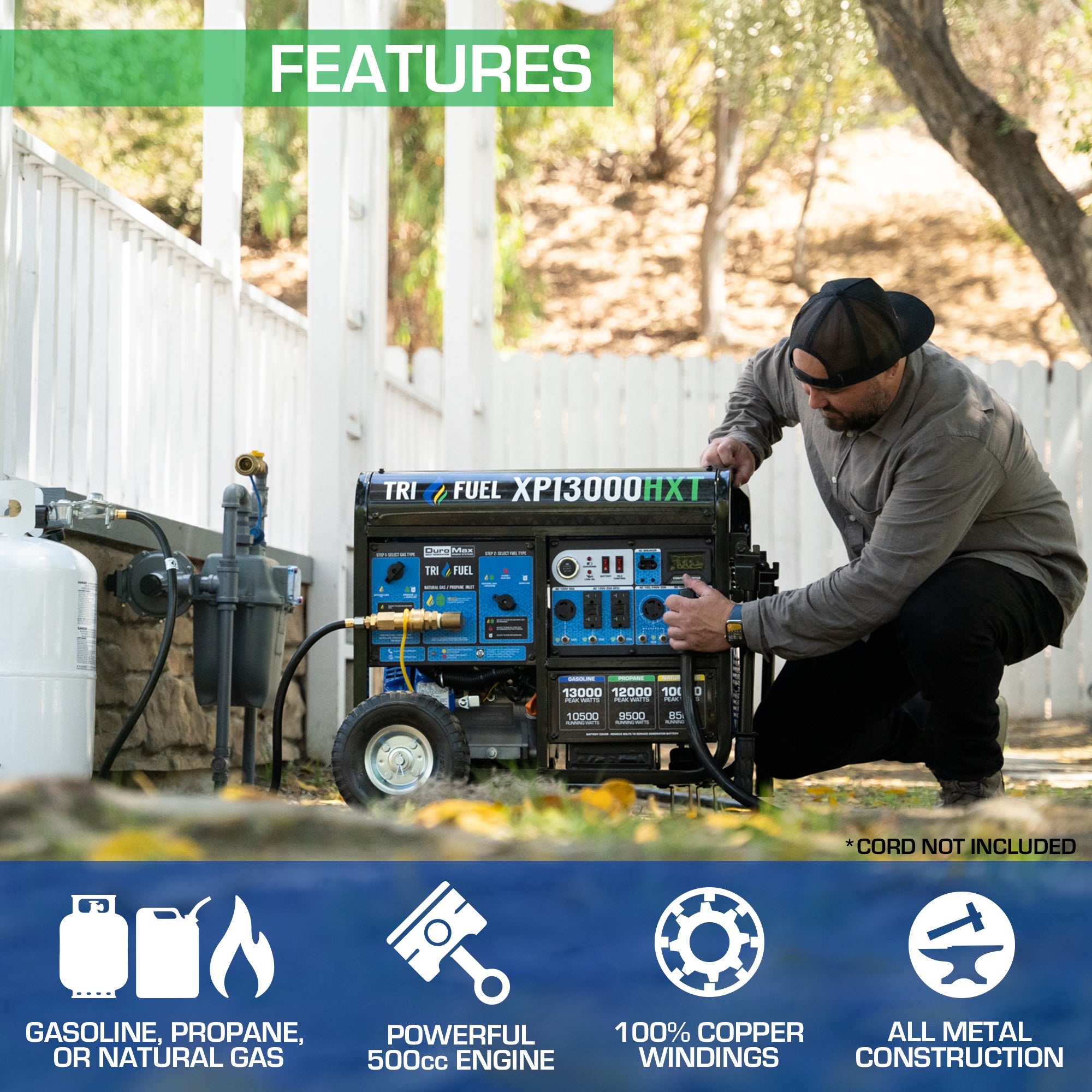 DuroMax XP13000HXT 10500W/13000W Tri-Fuel Portable Generator - Gasoline/Propane/Natural Gas with CO Alert & Remote Start - Perfect for Home Backup Power, Camping & Emergency Use