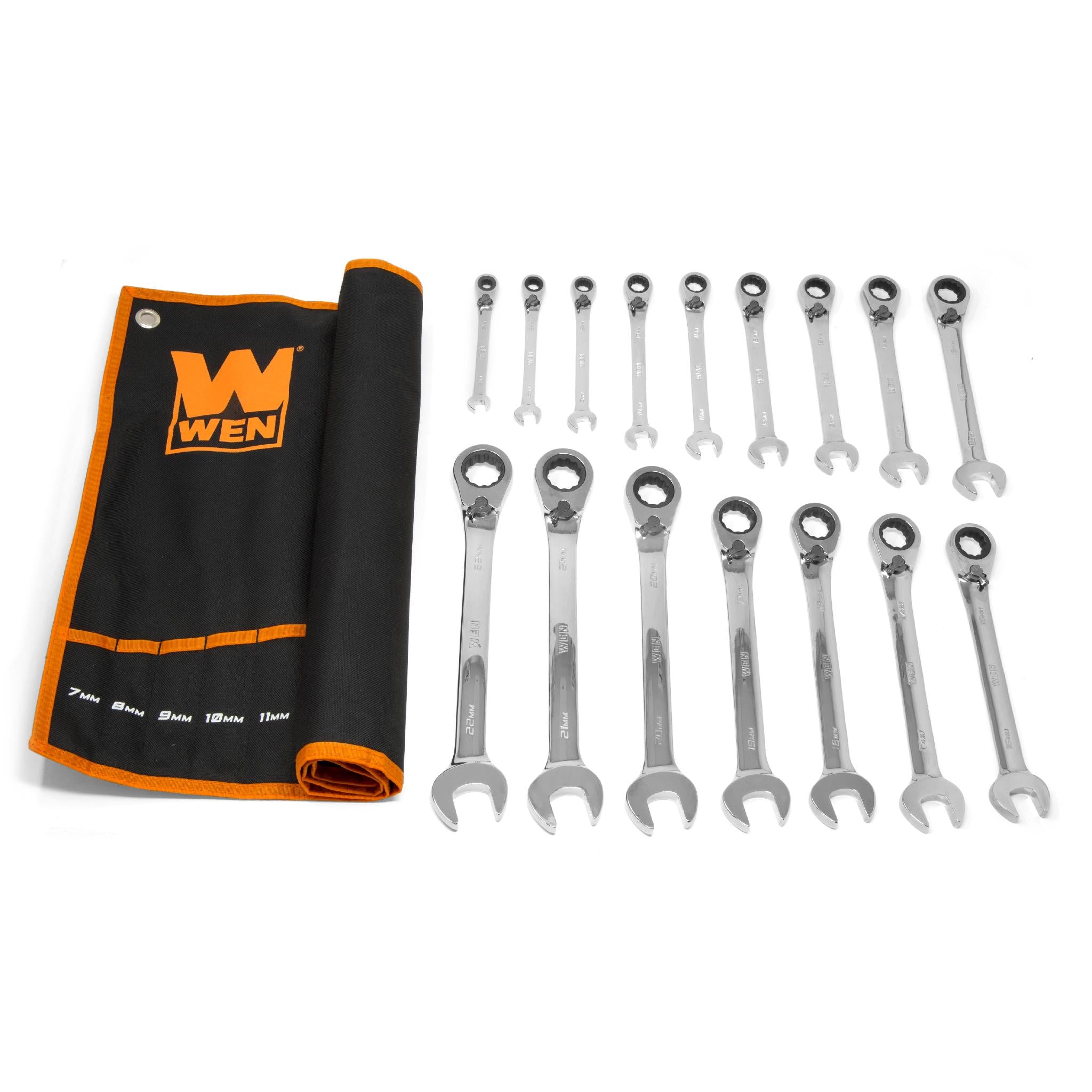 WEN WR162 16-Piece Professional Reversible Ratcheting Metric Combination Wrench Set with Storage Pouch - Perfect for Automotive Repair, Machinery Maintenance & DIY Projects