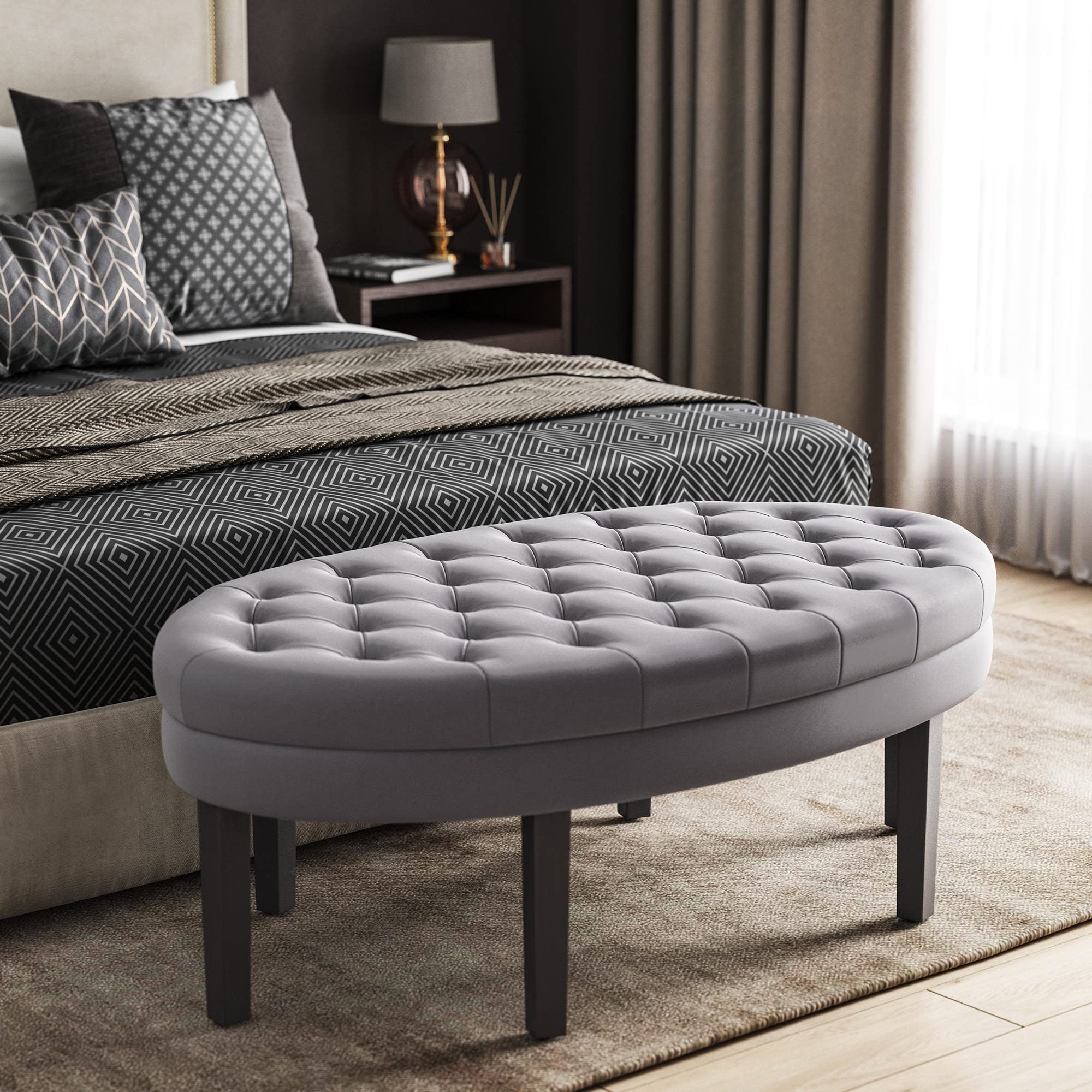 BELLEZE 46 Inch Oval Ottoman Bench with Button-Tufted Design, 6-Leg Coffee Table Footrest Stool - Upholstered in Premium Linen Fabric for Living Room, Bedroom, Entryway & Dining Room - Perfect for Extra Seating, Foot Rest & Stylish Home Decor (Tristar Gray)