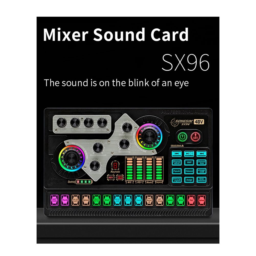 JUFUM SX96 Professional 48V Phantom Power Sound Card - Metal & Plastic Portable Audio Mixer for Outdoor Singing, Home Karaoke, Live Streaming & Podcasting