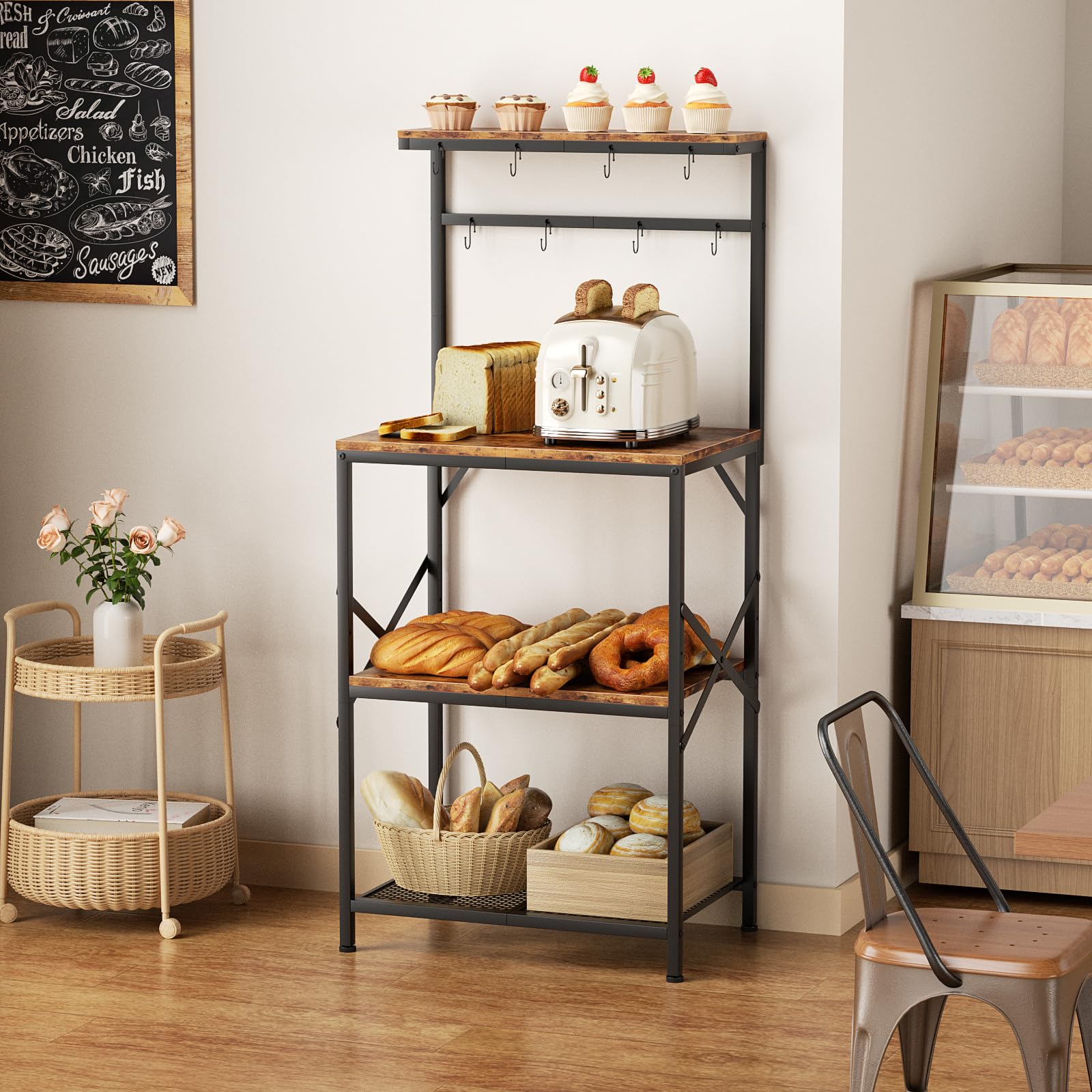 Rustic Brown 4-Tier Kitchen Bakers Rack with Adjustable Storage Shelves & 8 Hooks - Freestanding Microwave Stand, Coffee Bar Organizer - Perfect for Small Kitchens, Pantry Organization & Appliance Storage
