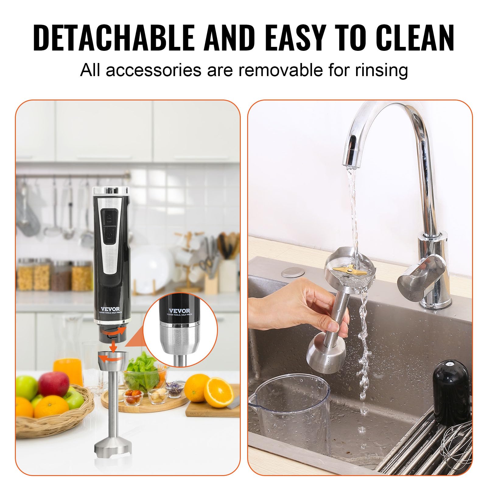 VEVOR 8-Speed Immersion Hand Blender with Stainless Steel Blade & Copper Motor - USB Rechargeable Stick Mixer with Ergonomic Grip - Perfect for Smoothies, Soups, Baby Food & Baking at Home