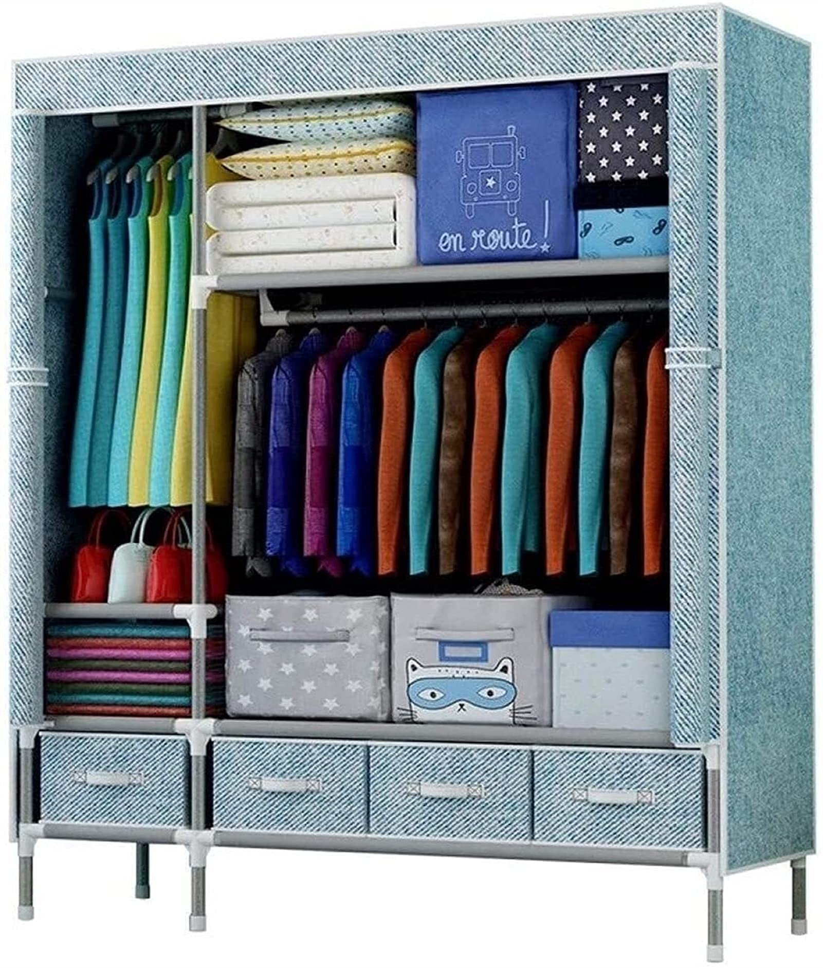 Portable Closet Wardrobe Organizer with Hanging Rod - Blue Clothes Storage for Bedroom (130x45x170CM) | Easy Assembly Space-Saving Solution for Small Apartments & Dorm Rooms