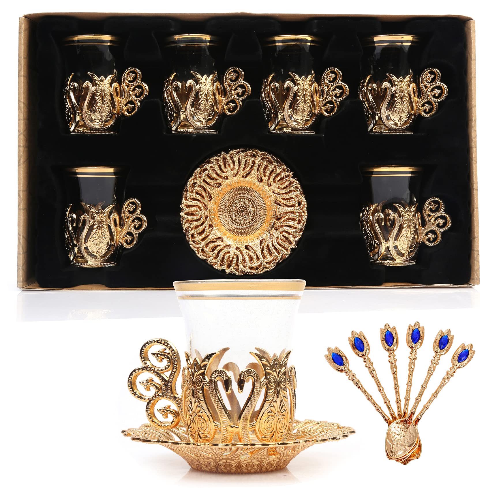 Handmade Turkish Tea Set - 6 Piece Ottoman Style Zamzam Serving Glasses with Saucers & Spoons (Gold) - Perfect for Traditional Tea Ceremonies & Home Decor