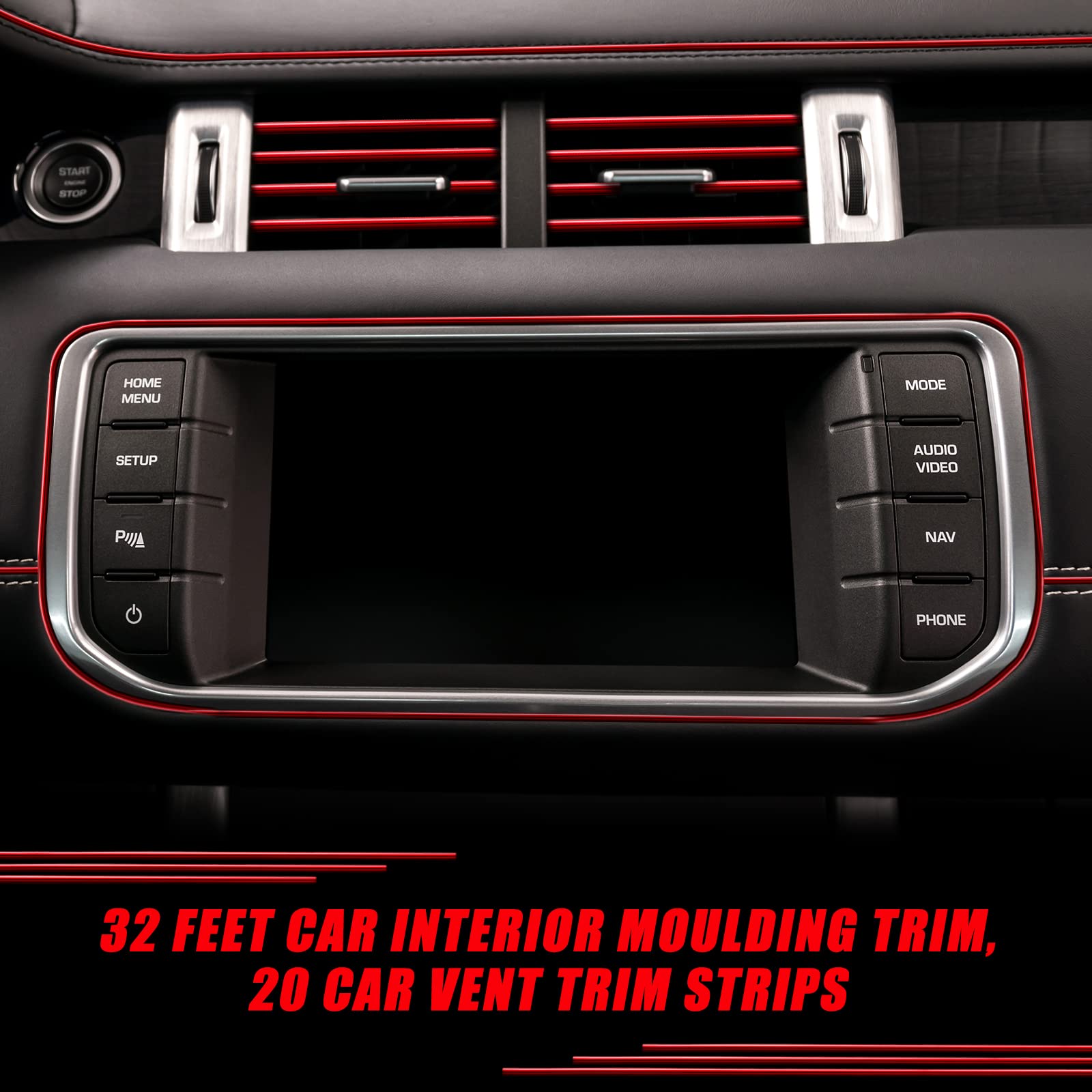 25 Pack Interior Car Accessories Kit - 32 Feet Car Moulding Trim, 20 Vent Trim Strips & 4 Cup Holder Inserts | Non-Slip Auto Decor with Scraper (Red) | Perfect for Car Interior Customization & Protection