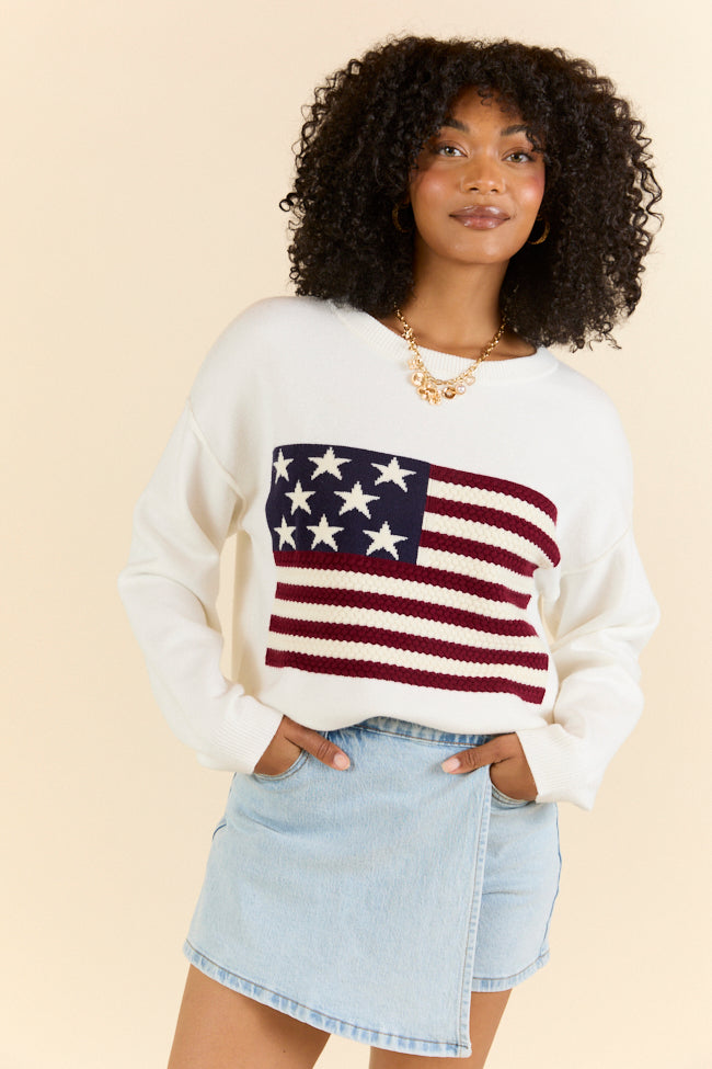 Patriotic Ivory Textured Flag Sweater - Cozy Knit Pullover for Men & Women | Perfect for 4th of July, Veterans Day & Casual Outings