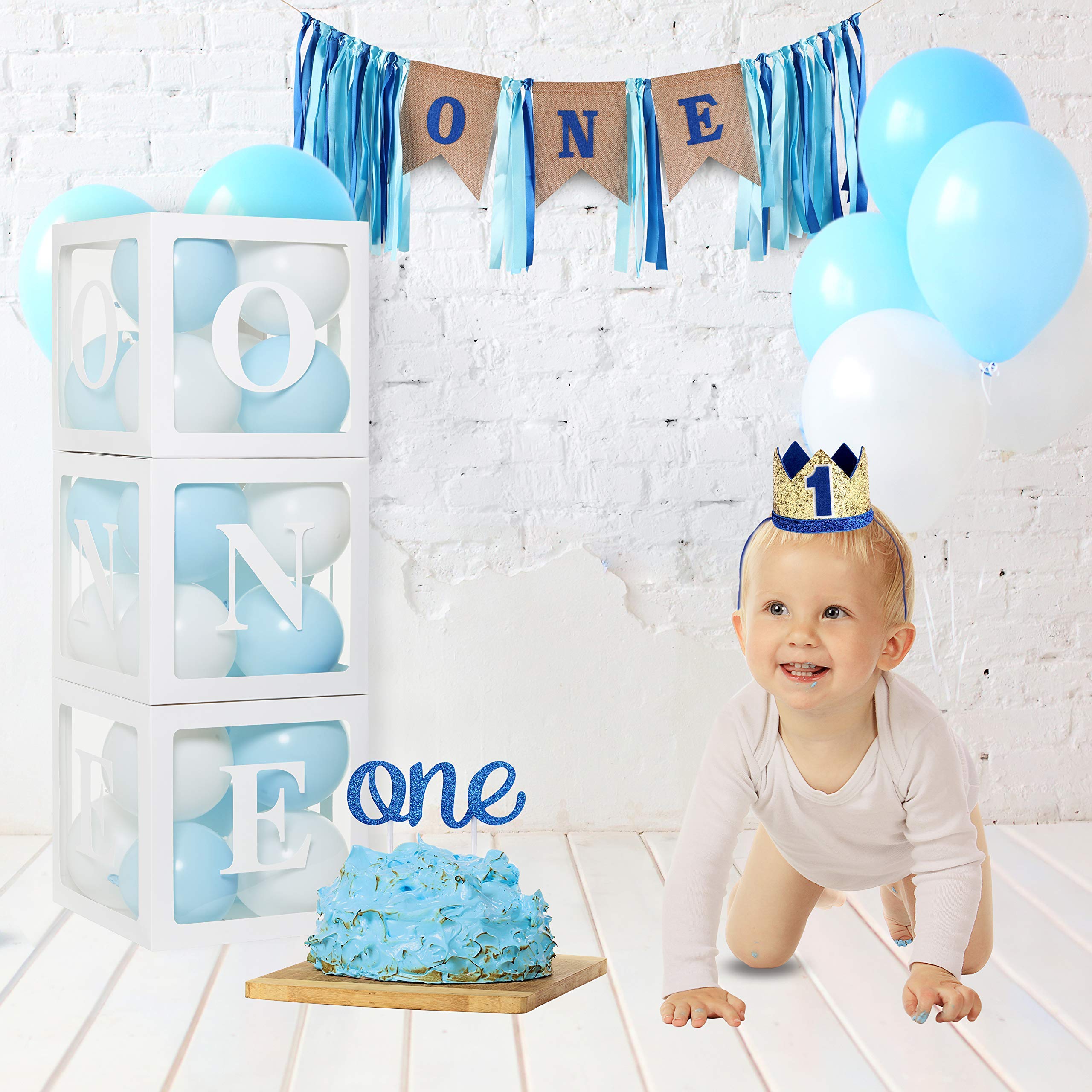 1st Birthday Cake Smash Set for Baby Boy | First Birthday Balloon Box with 24 Balloons | Baby Boy Birthday Party Decorations | Perfect for 1st Birthday Photoshoot & Celebration