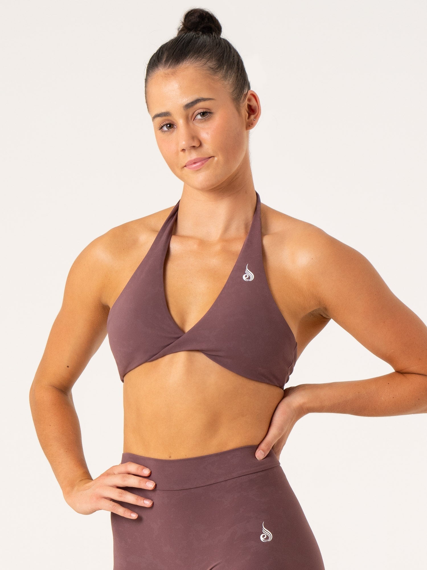 NKD Stonewash Halter Sports Bra - Chocolate Stonewash - High Support Workout Top for Yoga, Running & Gym