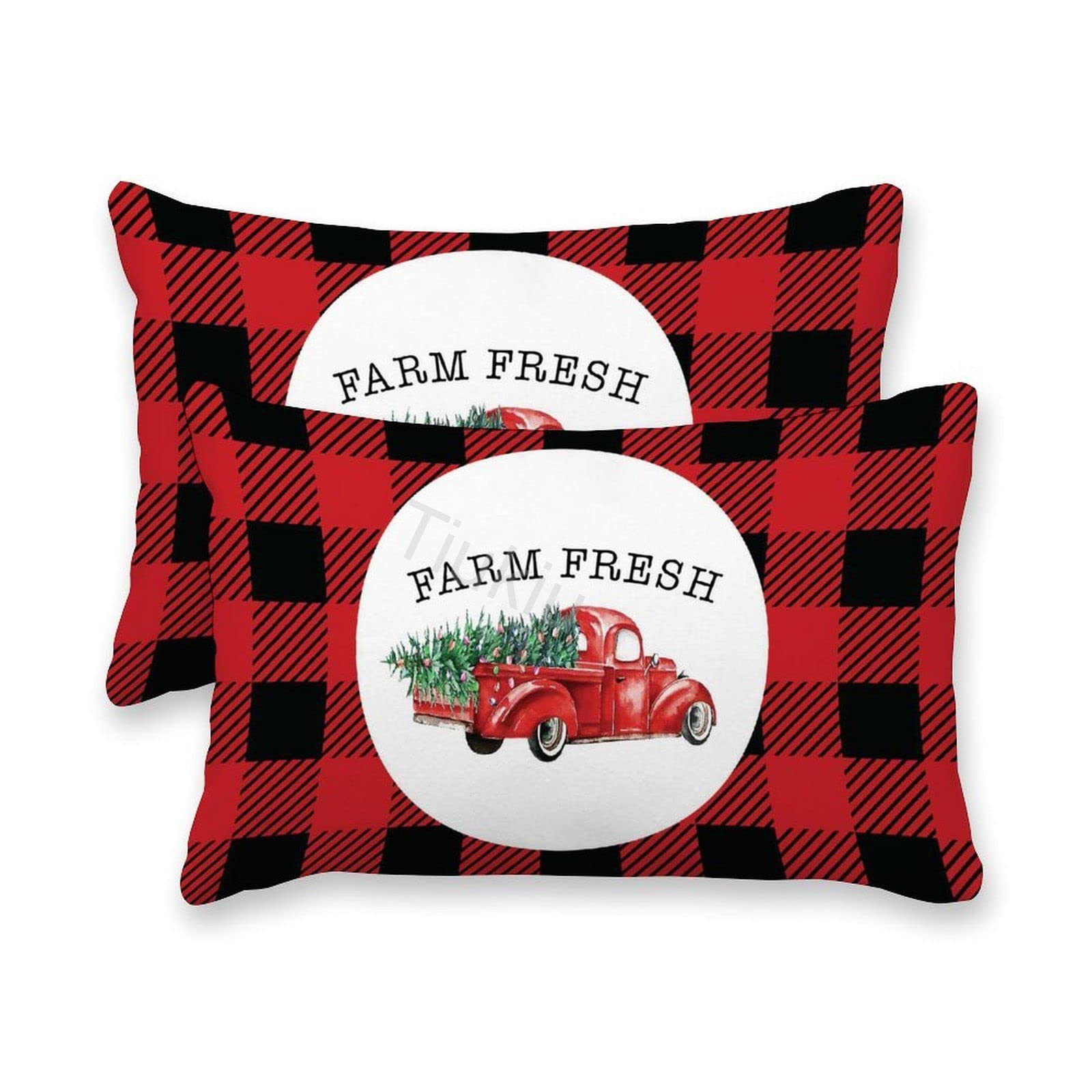 2 Pack Canvas Christmas Truck Buffalo Plaid Lumbar Pillow Covers - 20x30 Inch Decorative Throw Pillow Cases for Couch, Sofa, Bed & Living Room - Perfect for Holiday Home Decor & Seasonal Accents