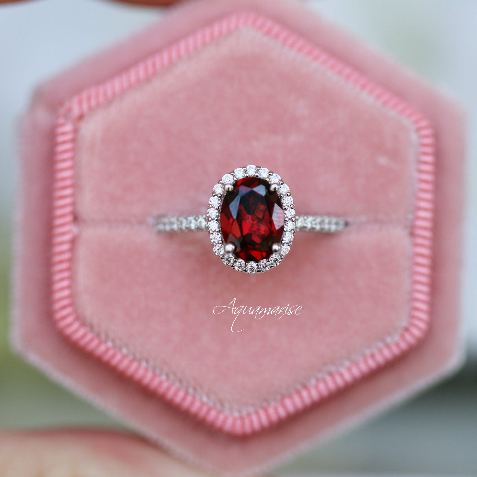 14K White Gold Oval Red Garnet Engagement Ring for Women - Elegant Wedding & Promise Jewelry Gift for Her