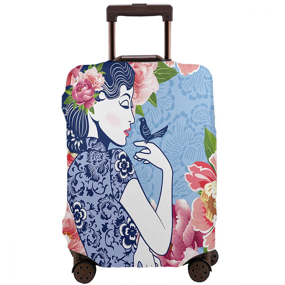 Wondertify Vintage Floral Luggage Cover - Washable Elastic Suitcase Protector with Concealed Zipper for 18-21 Inch Bags (Blue & White) | Perfect for Travel, Airplane Protection & Stylish Suitcase Decor