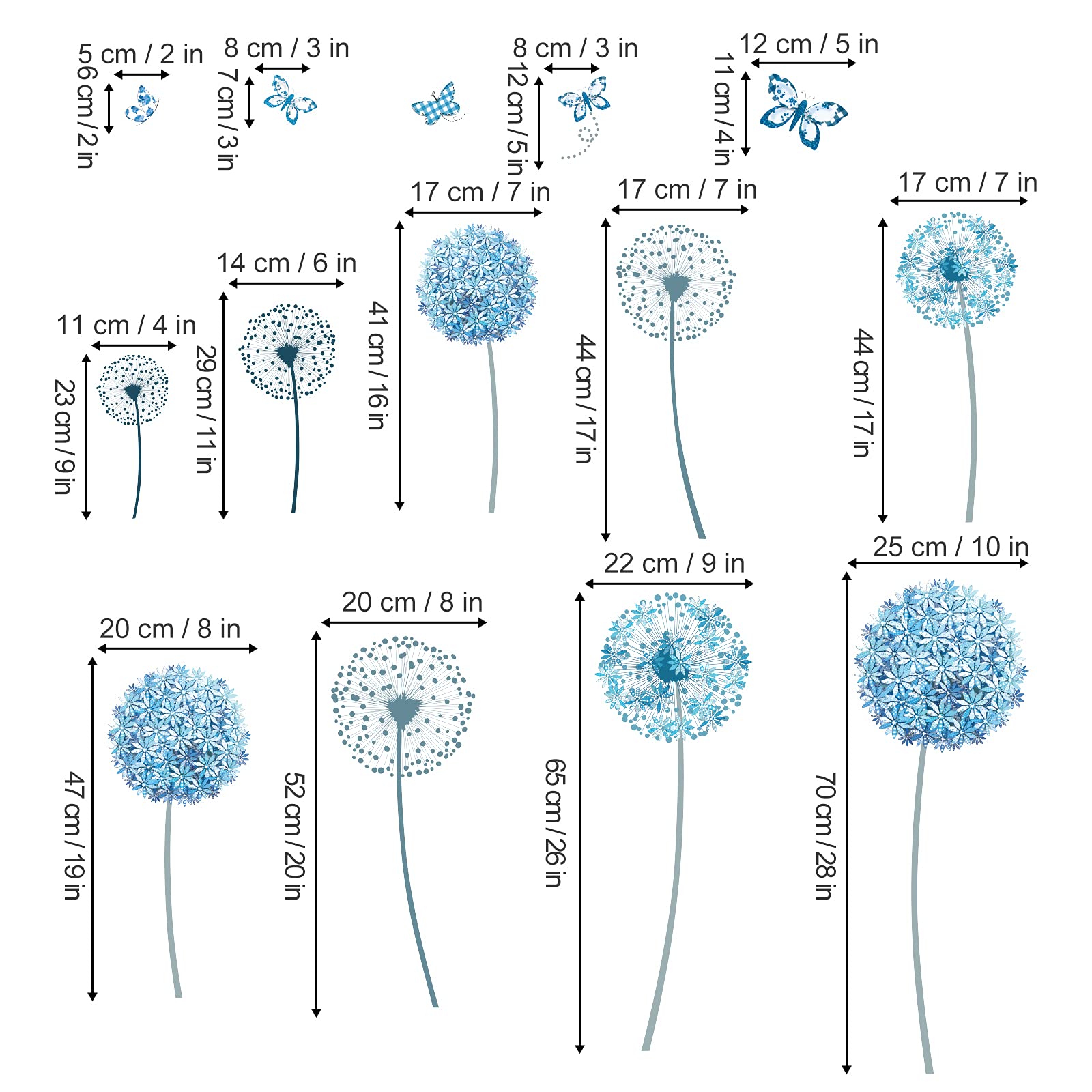 Large Blue Flower Wall Stickers - Allium Butterfly Decals for Bedroom & Living Room Decor