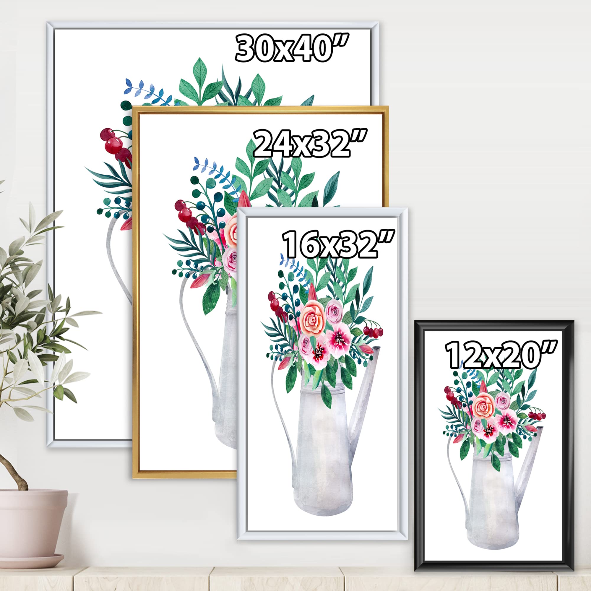 DesignQ Floral Bouquet in Rustic Flower Pot - Traditional Framed Canvas Wall Art Print for Home Decor, Living Room, Bedroom & Office