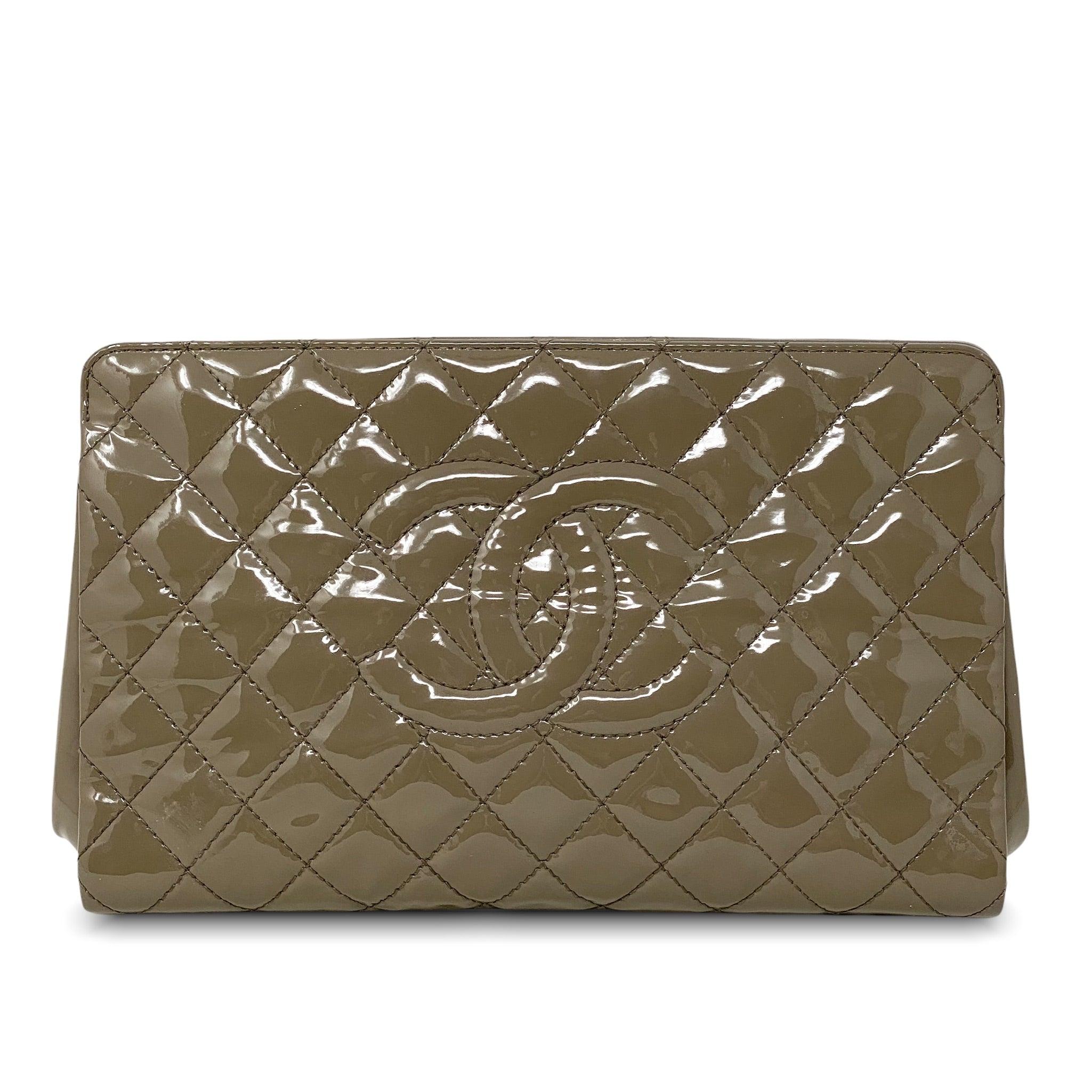 Chanel Taupe Patent Leather Timeless Large Clutch Bag - Elegant Evening Clutch for Women's Parties, Weddings & Special Events