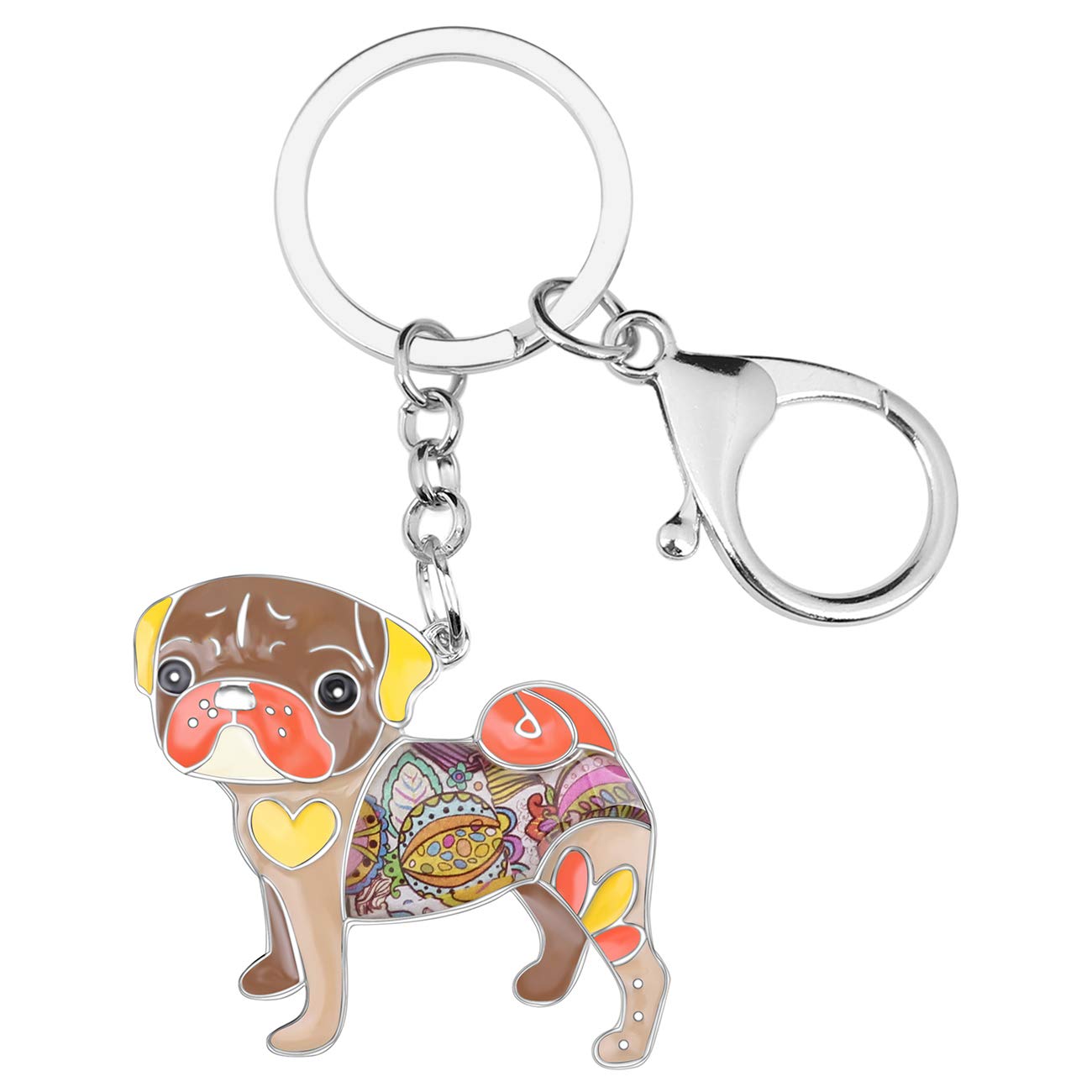 BONSNY Enamel Metal Floral Pug Dog Keychain - Cute Animal Keyring for Women, Car Keys, Purse & Bag Accessories - Perfect Gift for Dog Lovers (Home, Office, Travel Use)