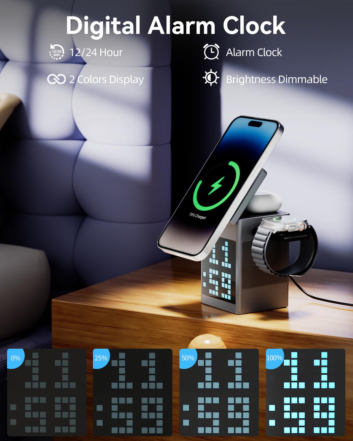 Vivilumens 3-in-1 Wireless Charging Station with Bluetooth Speaker, Magsafe Charger Stand & Alarm Clock - Pixel Display, Fast Charging for iPhone, Android - Perfect for Bedside, Office, Home, Travel & Gift for Men Women