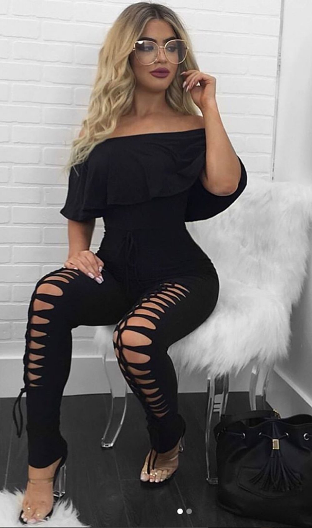 PRETTYGARDEN Women's Sexy Off Shoulder Bodycon Jumpsuit - Summer Ruffle Sleeve Hollow Out Romper - Clubwear, Date Night Outfit, Beach Party Dress