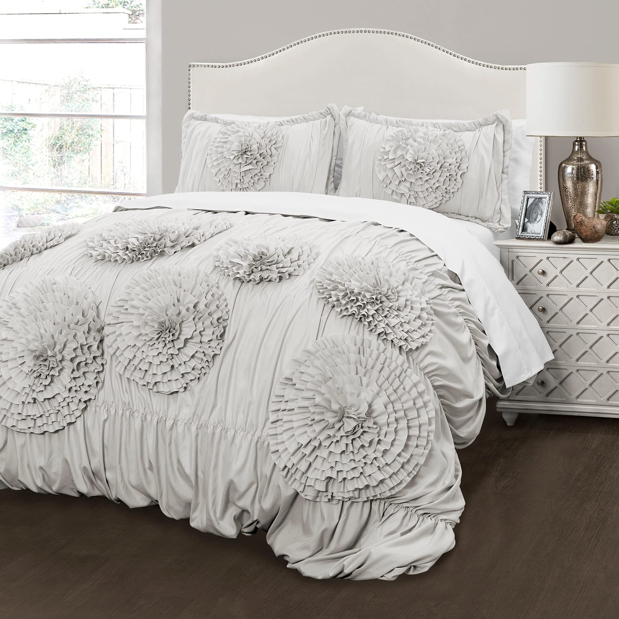 Lush Decor Serena 3-Piece Comforter Set Full/Queen Light Gray - Ruffled Flower Design Vintage Farmhouse Bedding for Romantic & Glamorous Bedrooms - Perfect for Master Bedroom, Guest Room, and Cozy Home Decor