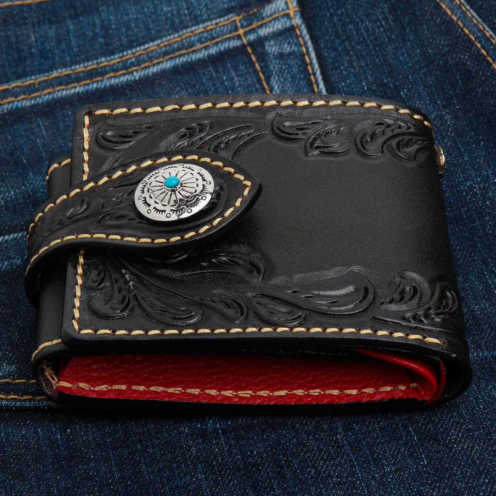 Authentic Leather Turquoise Indian Cowboy Floral Biker Wallet for Men - Handmade Western Style Money Clip Billfold (Perfect for Bikers, Riders & Western Fashion Enthusiasts)