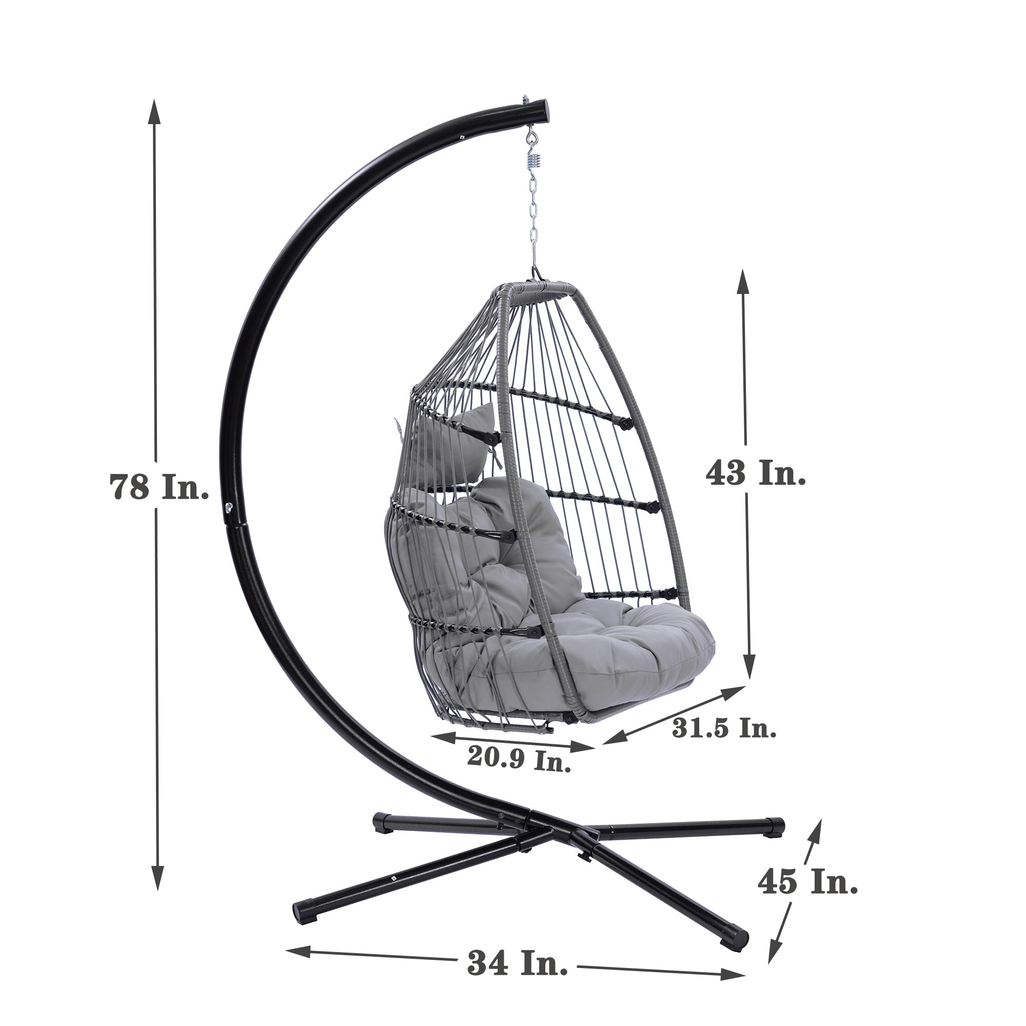 Outdoor Patio Wicker Folding Hanging Chair - Rattan Swing Hammock Egg Chair with C-Type Bracket, Cushion & Pillow - Grey Fabric & Black Wicker - Perfect for Backyard, Garden, Balcony Relaxation