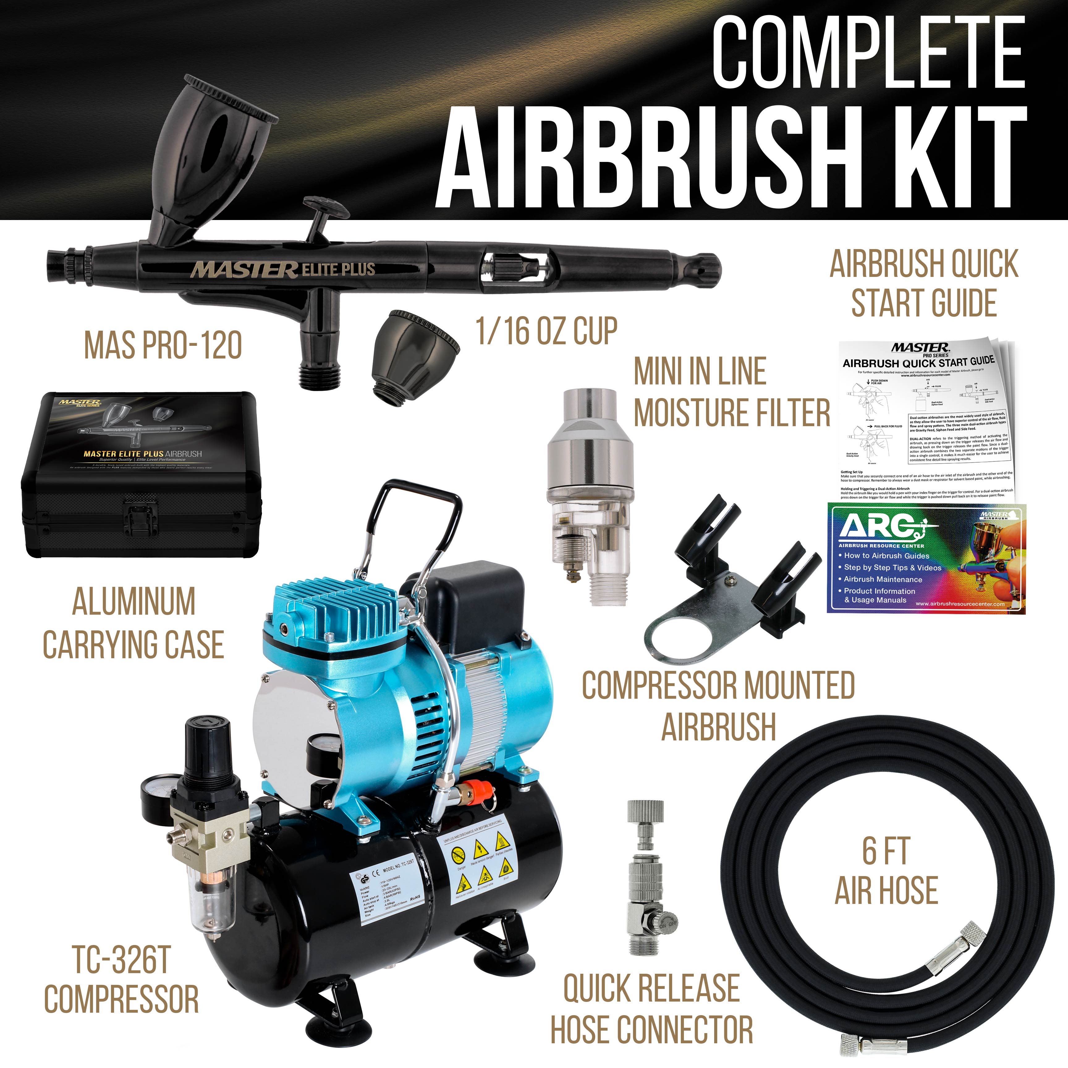 Cool Runner II Dual Fan Air Storage Tank Compressor System Kit with Master Elite Plus Airbrush Set – Professional 0.3mm Tip for Model Painting, Cake Decorating & Tattoo Art – Includes Portable Case