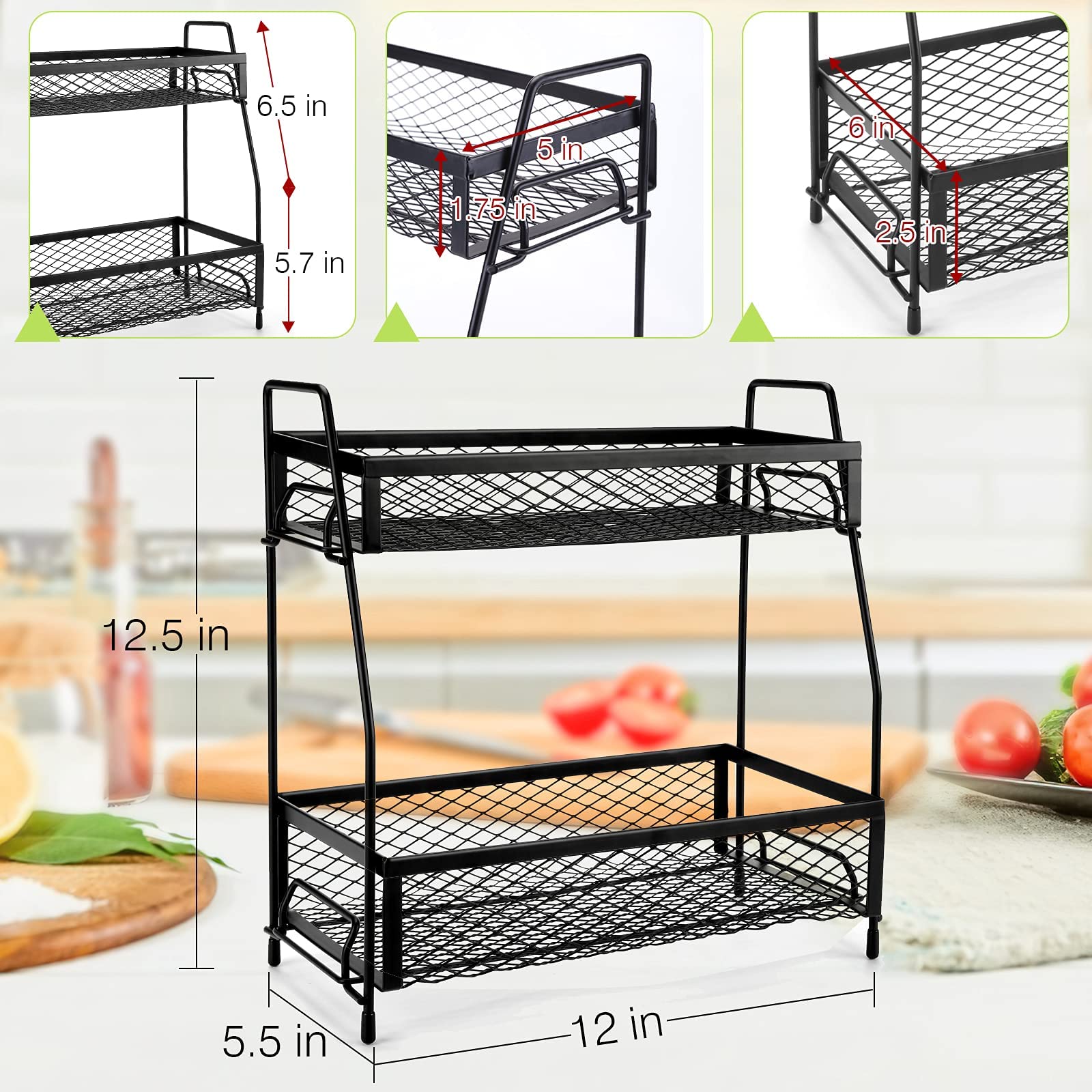2-Tier Foldable Metal Spice Rack Organizer - Non-Slip Countertop Storage for Kitchen & Bathroom | Space-Saving Black Spice Holder for Countertops, Cabinets & Pantry Organization