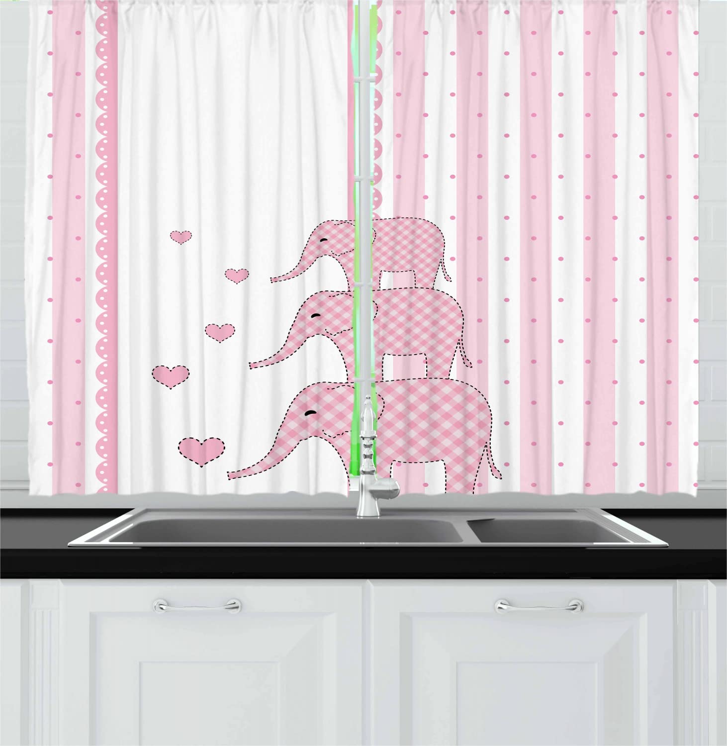 Ambesonne Elephant Nursery Long Kitchen Curtains - Pink & White Striped Animal Print Drapes with Hearts & Rod Pocket, 55