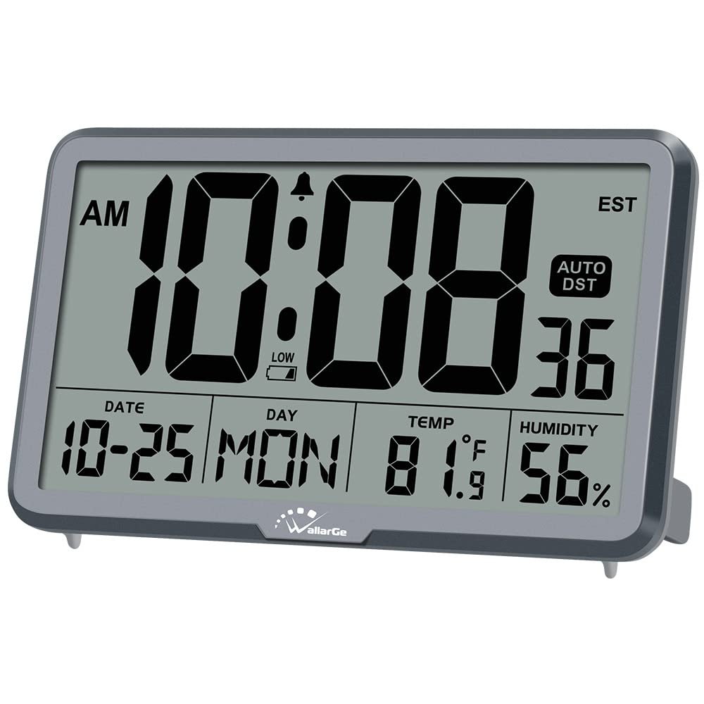WallarGe Auto Set Digital Wall Clock - Battery Operated Desk Clock with Temperature, Humidity & Date Display - Large Digital Calendar Alarm Clock for Elderly, Bedroom, Office - 8 Time Zones & Auto DST - Perfect for Home, Office & Senior Living Spaces