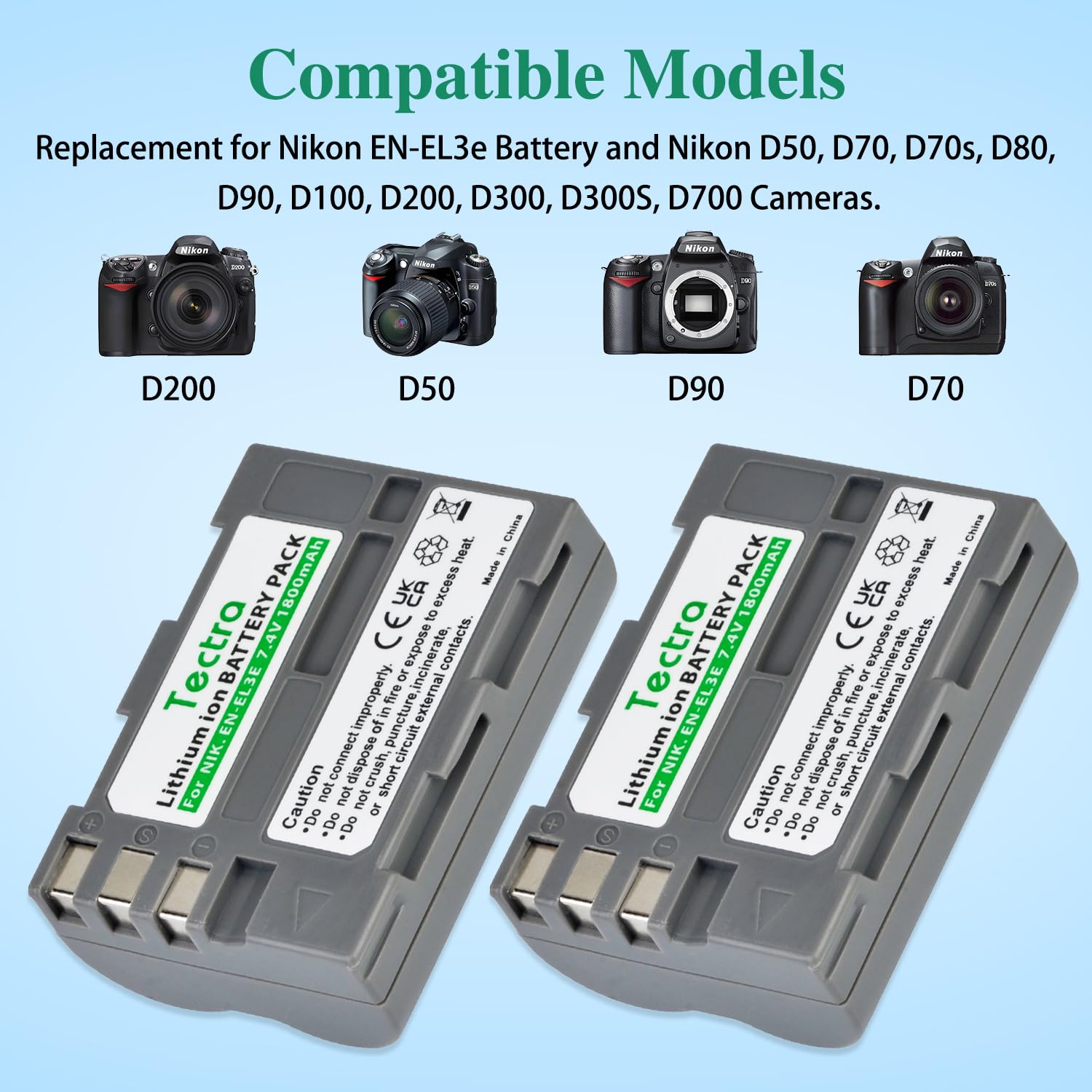 Tectra 2X EN-EL3e ENEL3e Replacement Battery & LED Dual Charger Kit for Nikon D50 D70 D70s D80 D90 D100 D200 D300 D300S D700 DSLR Cameras - Perfect for Travel Photography & Professional Shooting