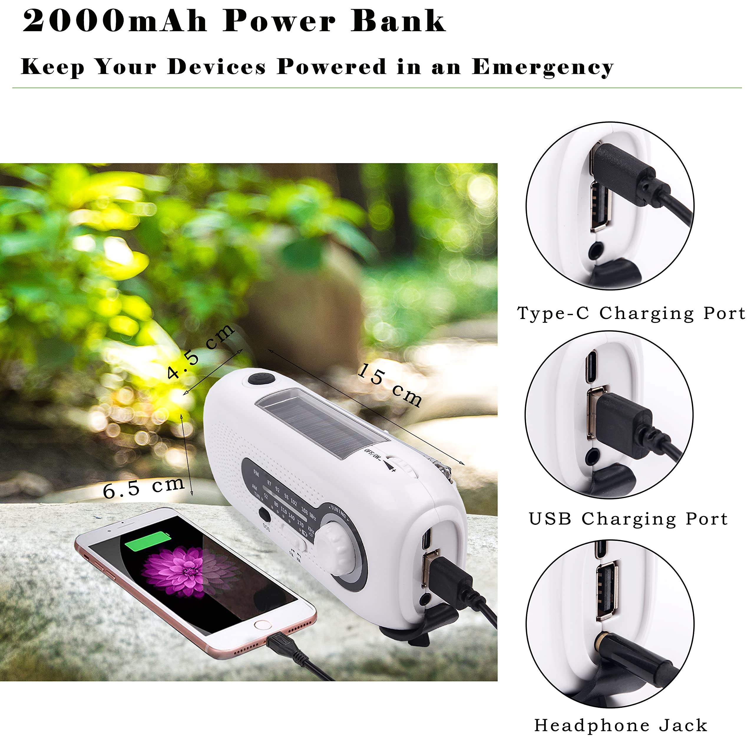 Solar & Hand Crank Emergency Radio - AM/FM Weather Radio with 2000mAh Power Bank, LED Flashlight, SOS Alarm & Phone Charger | Portable Survival Gear for Camping, Hiking & Power Outages