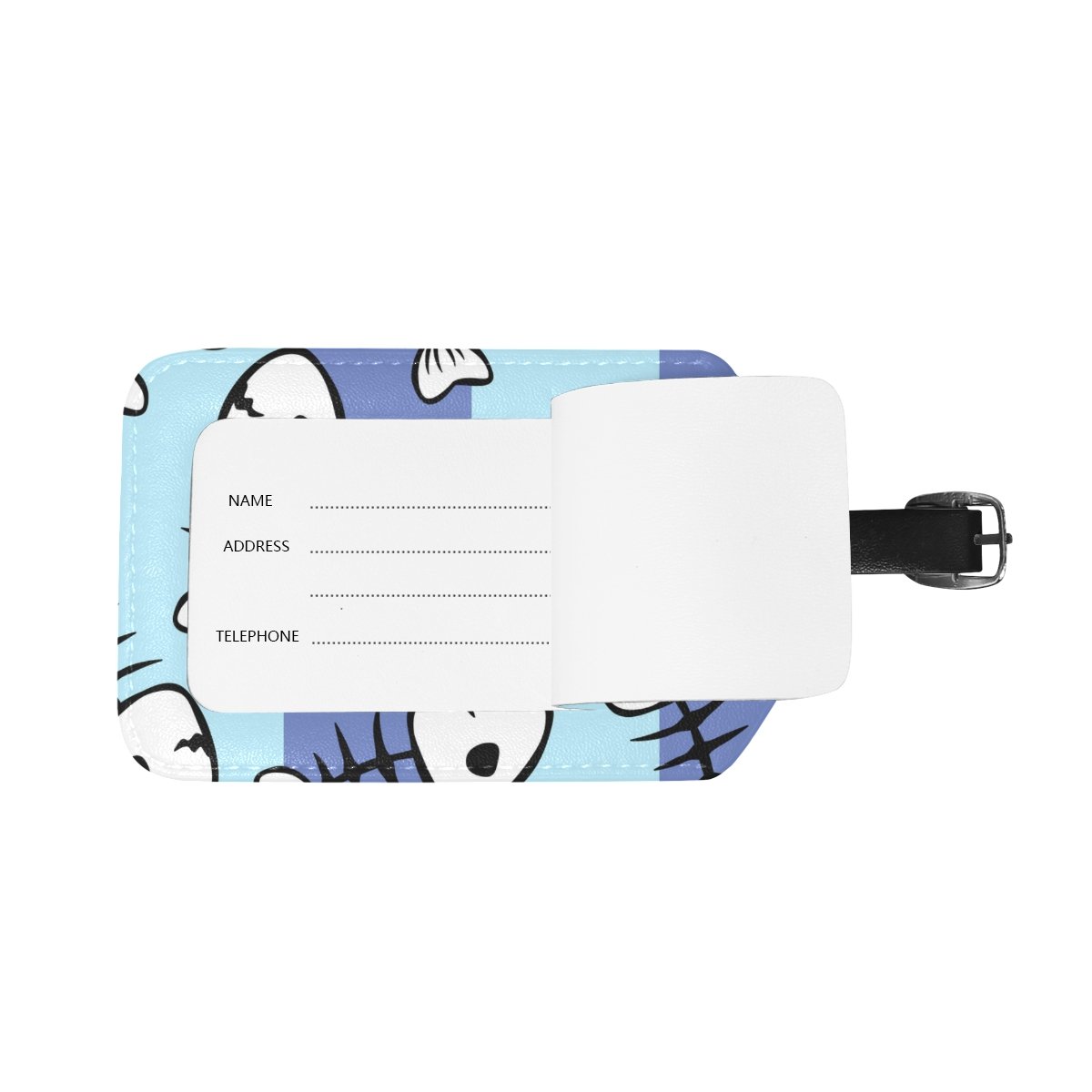 Stylish PU Leather Fish Skeleton Blue Stripe Luggage Tag - Durable Travel Suitcase ID Identifier & Baggage Label - Perfect for Airports, Cruise Ships, and Business Trips