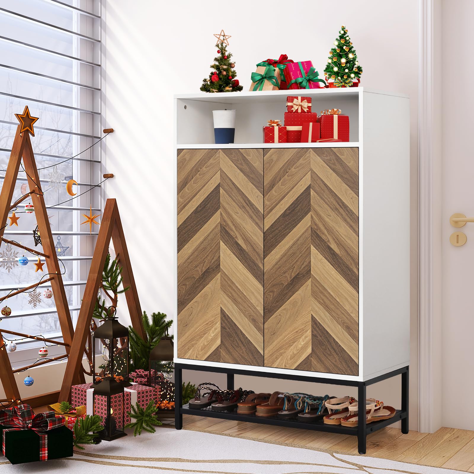 Homdox 7-Tier Wooden Shoe Storage Cabinet with Doors - Holds 24 Pairs, 3 Adjustable Shelves - Entryway, Hallway & Living Room Organizer (White) - Perfect for Small Spaces & Clutter-Free Home Organization