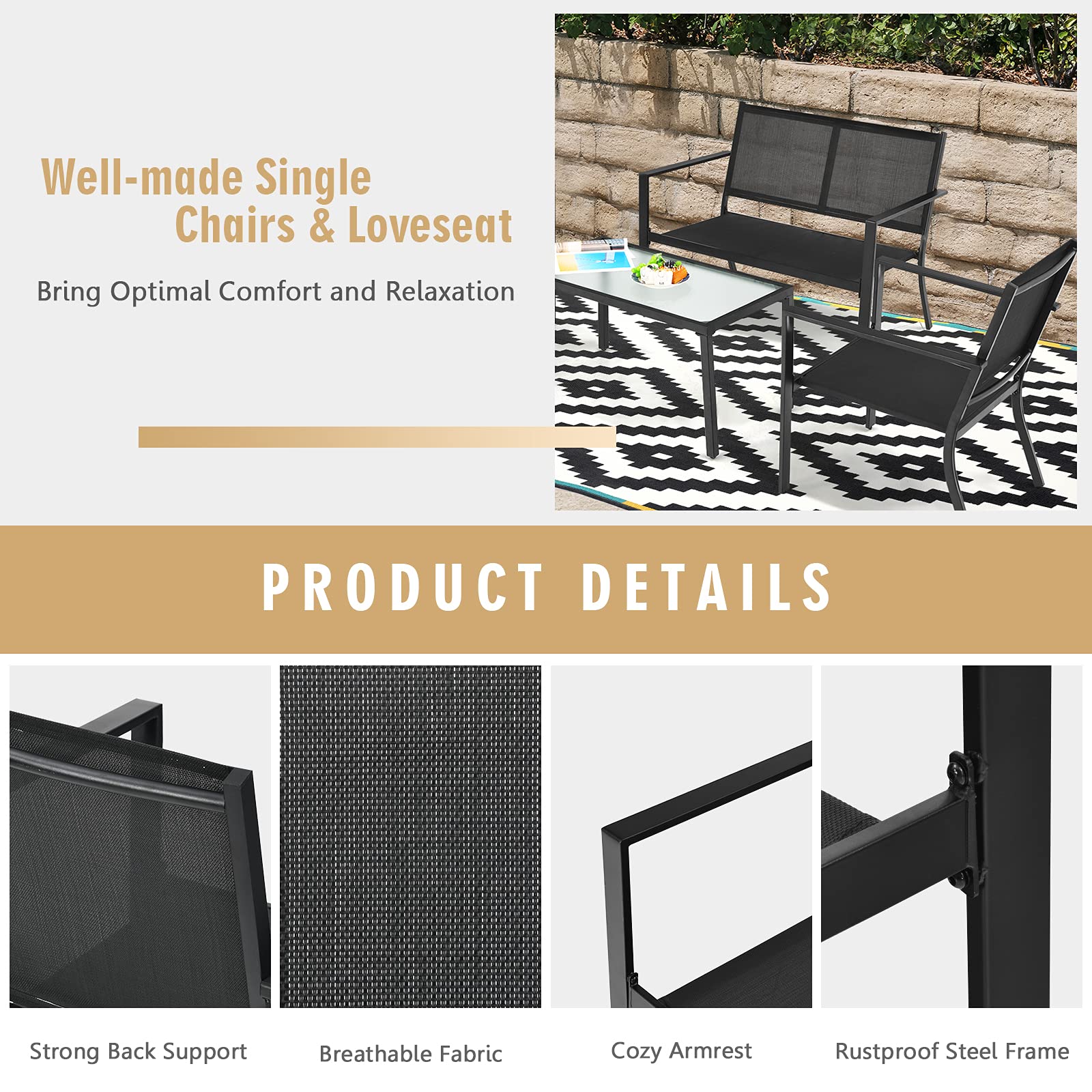 Giantex 4-Piece Patio Furniture Set - Outdoor Conversation Set with Loveseat Bench, 2 Chairs & Tempered Glass Coffee Table - Bistro Dining Set for Porch, Lawn, Garden, Poolside - Perfect for Backyard Relaxation, Outdoor Entertaining & Summer Gatherings