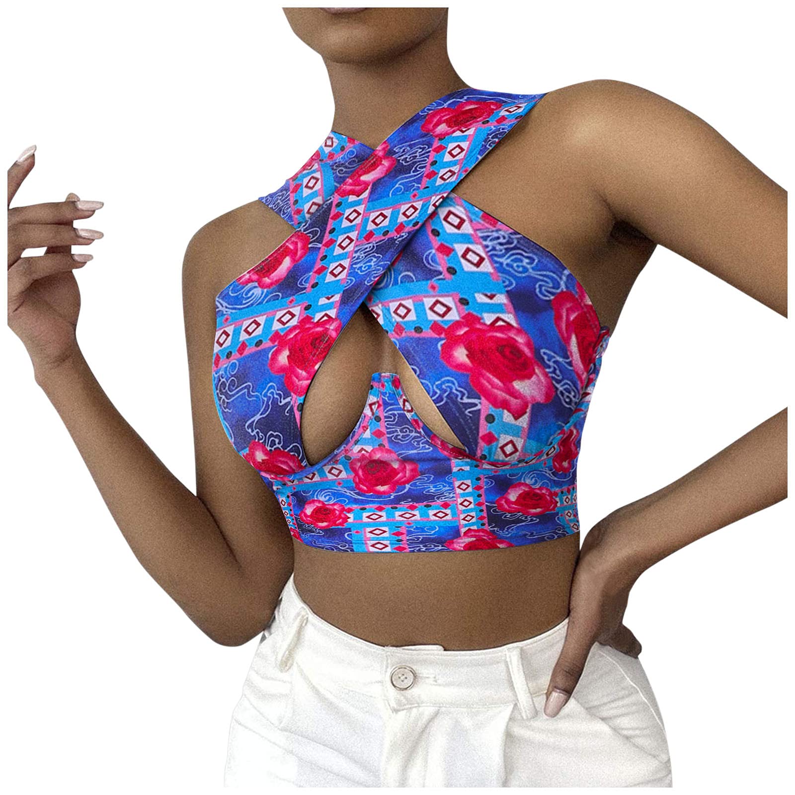 POLLYANNA KEONG Women's Sexy Sleeveless Halter Criss Cross Cami Top - Lace Up Self Tie Crop Tank Top for Casual Wear | Perfect for Summer Outfits, Beach Vacations & Night Out