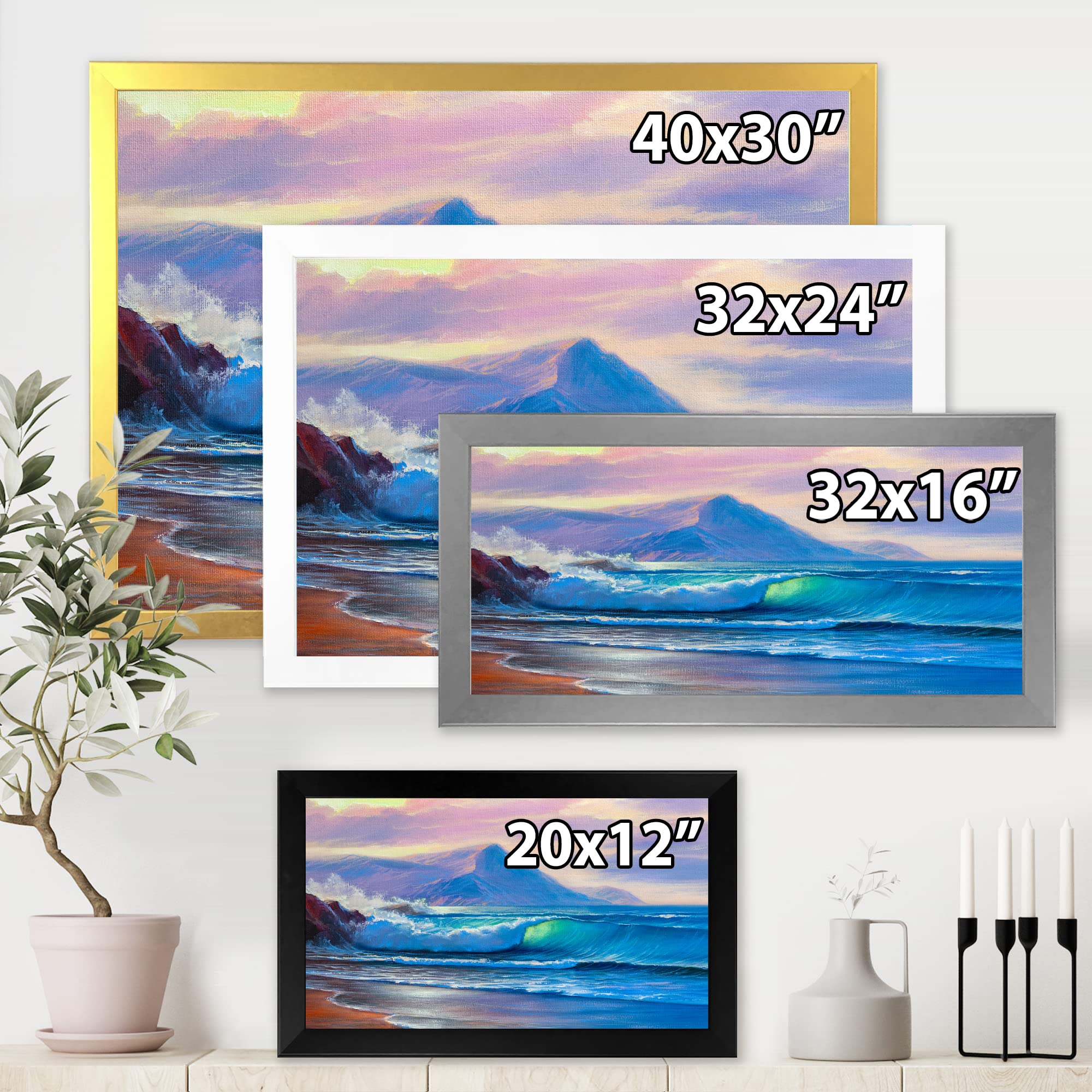 Blue Waves Breaking At The Beach - Nautical Coastal Framed Wall Art Decor for Living Room, Bedroom & Office | Ocean Themed Home Decor