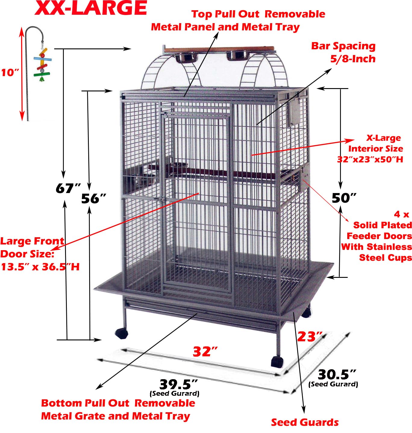 Large 4-Size Castle PlayTop Parrot Cage for Macaws, Cockatoos & African Greys - 32x23x66 Inches Black Vein - Spacious Bird Home for Play, Rest & Training - Perfect for Living Rooms & Outdoor Aviaries