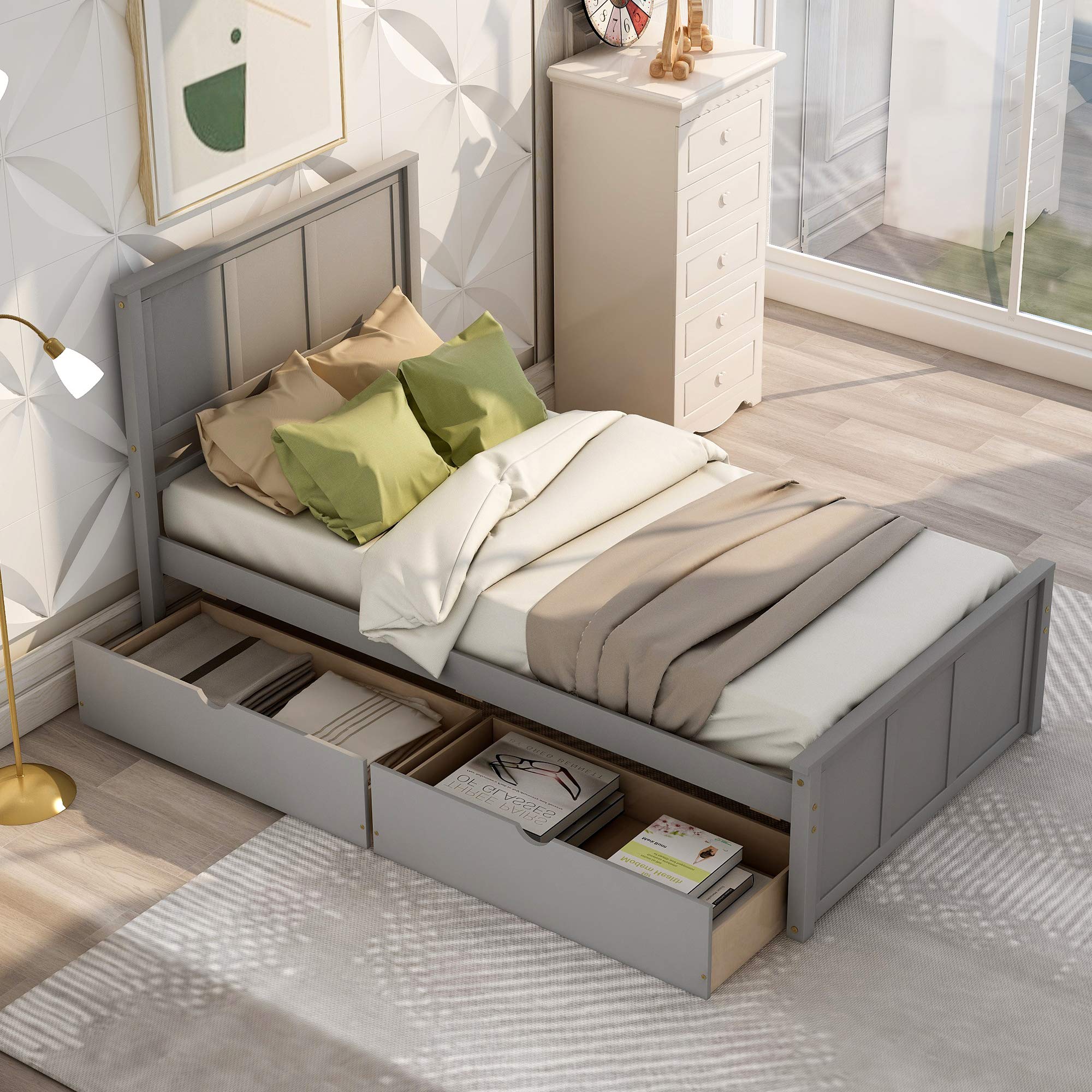 Knocbel Twin Bed Frame with 2 Storage Drawers - Solid Wood Platform Bed with Slat Support - Gray - Perfect for Small Bedrooms, Guest Rooms & Dormitories