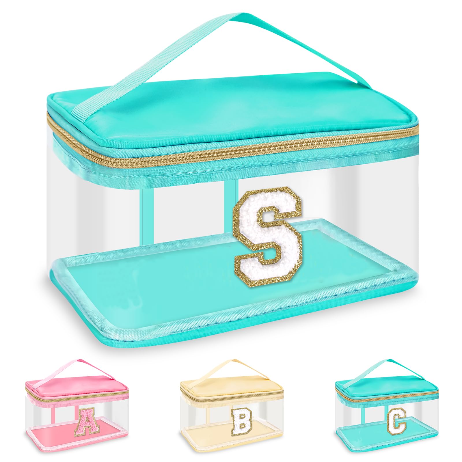 Personalized Initial Letter Patch Clear Makeup Bag | Cute Preppy Chenille Letter Travel Cosmetic Bag with Handle | TSA Approved Nylon Toiletry Pouch for Women | Large Makeup Storage Zipper Organizer | Perfect for Travel, Gym & Daily Essentials