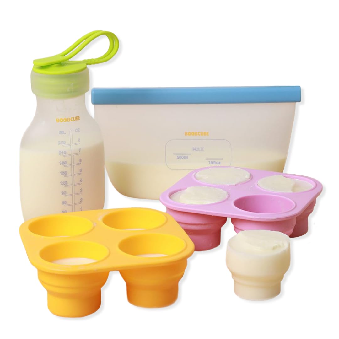 **BoobCube Breastmilk Storage Reusable Freezer Trays with Lid - 4pcs Baby Food Cube Kit (0.5/1/2 Oz) - Ultra Leak-Proof Silicone Storage Tray & Reusable Bags - Perfect for Pumping, Storing, and Organizing Breastmilk**