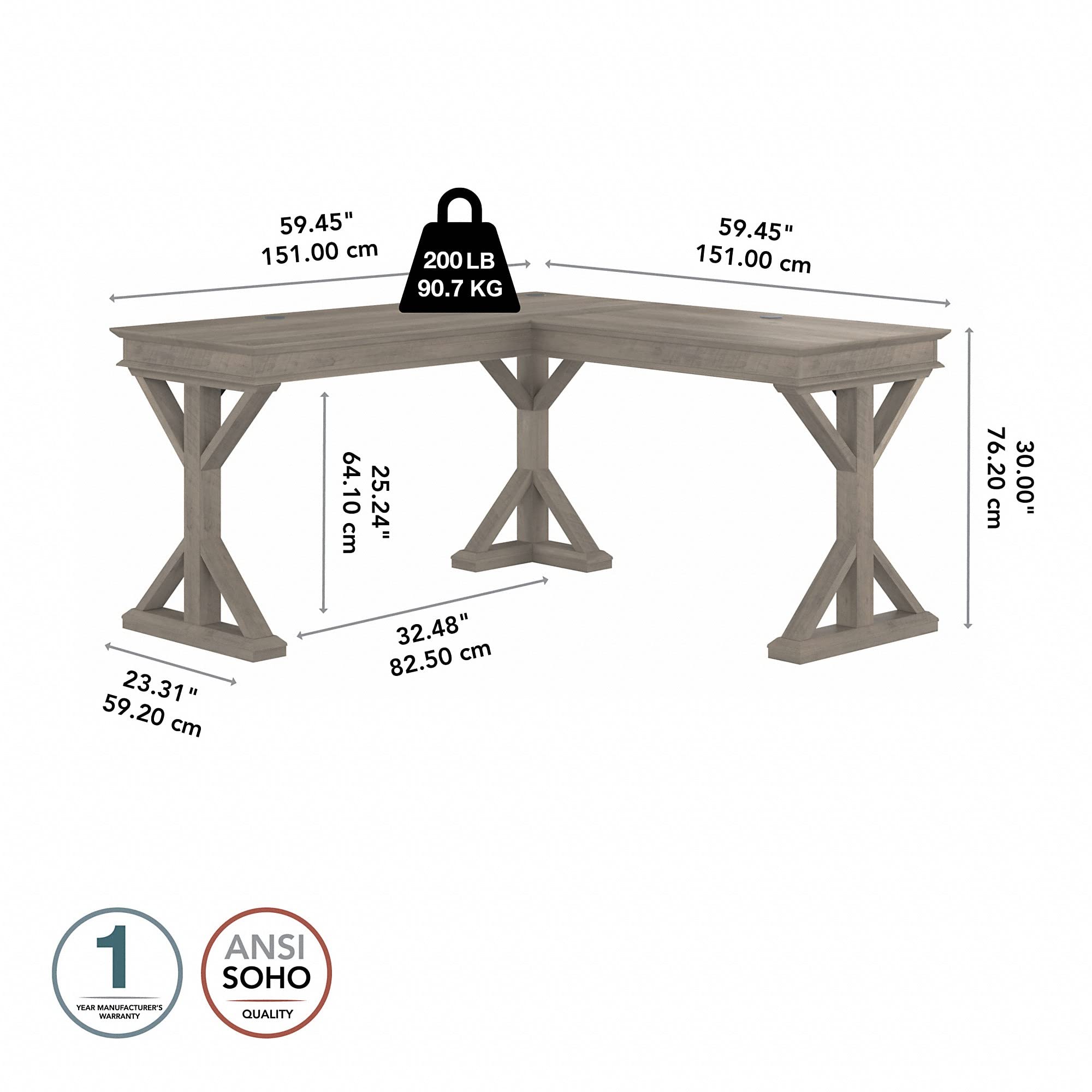 Bush Furniture Homestead 60W Farmhouse L-Shaped Desk in Driftwood Gray - Rustic Home Office Desk for Small Spaces, Gaming & Remote Work