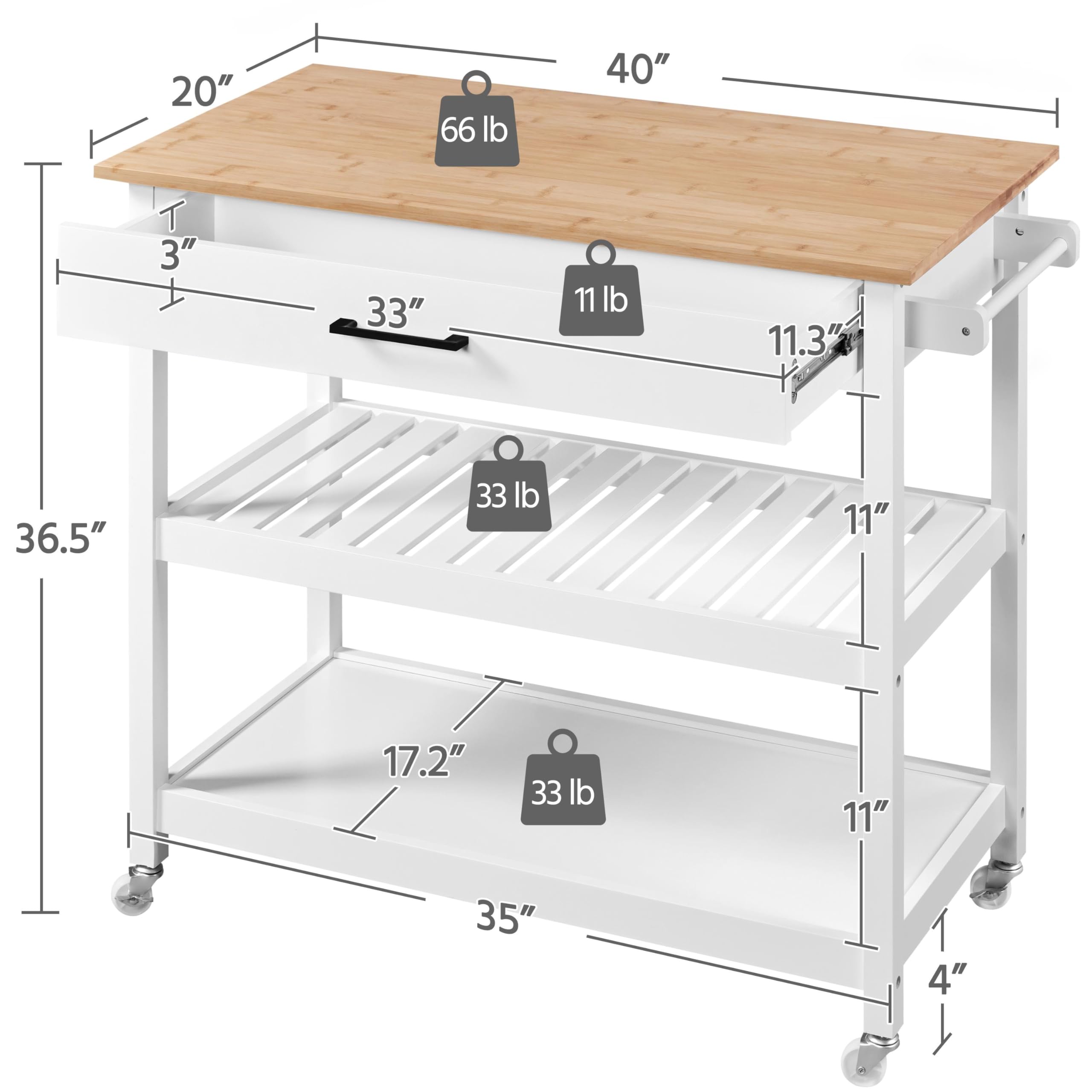 Topeakmart Mobile Kitchen Island Cart with Wheels - Rolling Microwave Stand with Storage Drawer, Towel Rack & 2 Shelves - Natural Wood Countertop White for Small Kitchen & Dining Room Organization