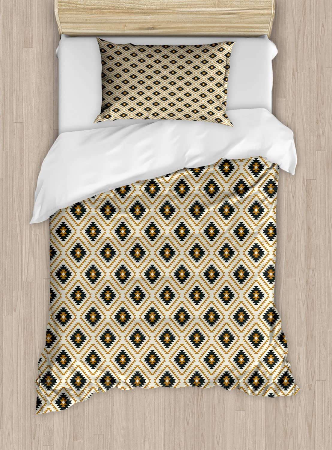 Ambesonne Aztec Duvet Cover Set - Traditional Native Geometric Boho Mexican Pattern Bedding - 2 Pack Twin Size (Black Amber Beige) - Includes 2 Duvet Covers & 2 Pillowcases - Perfect for Bohemian & Southwestern Style Bedrooms