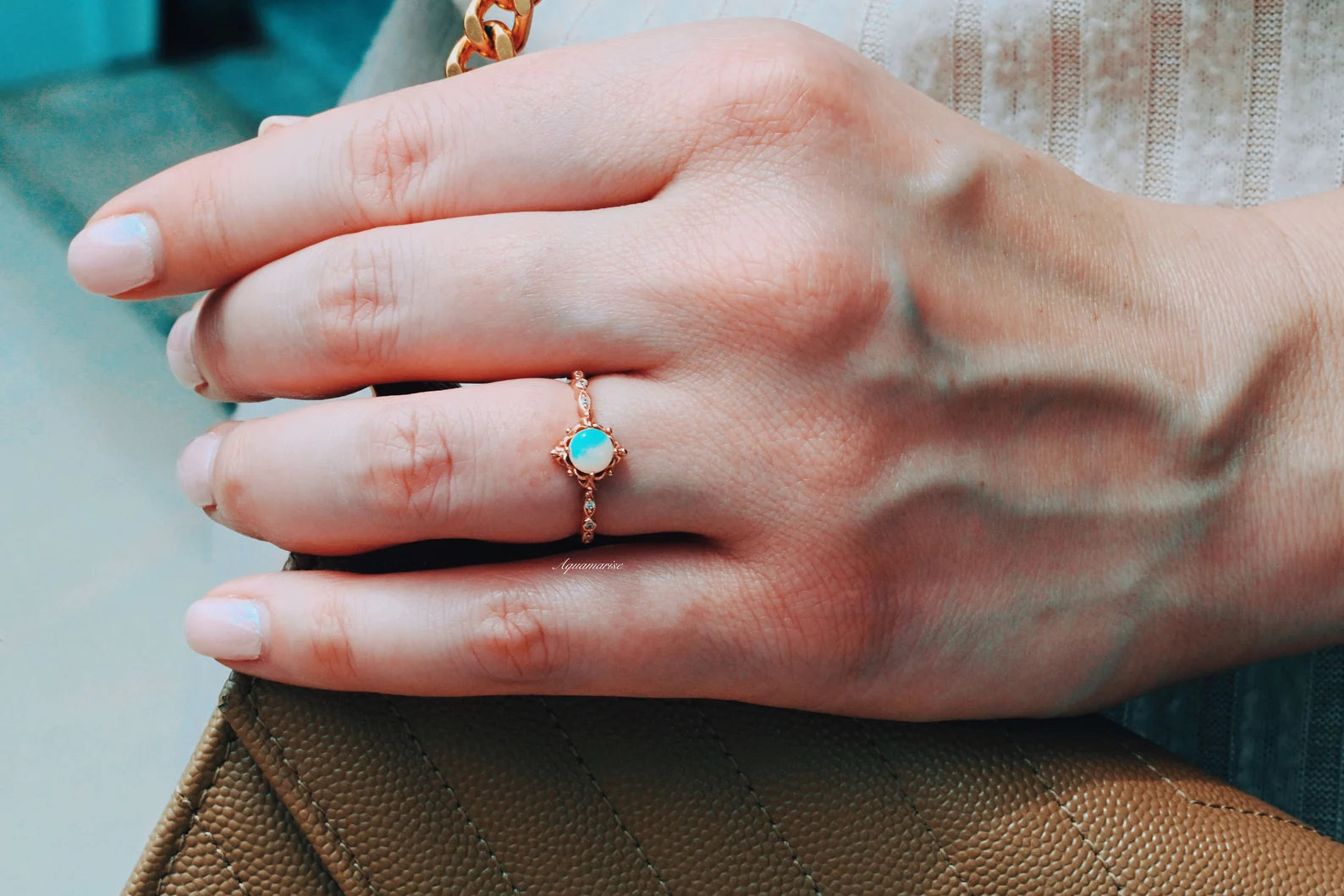 Natural Australian Opal Ring 14K Rose Gold Vermeil - Elegant Handmade Jewelry for Women, Perfect for Weddings, Anniversaries & Special Occasions