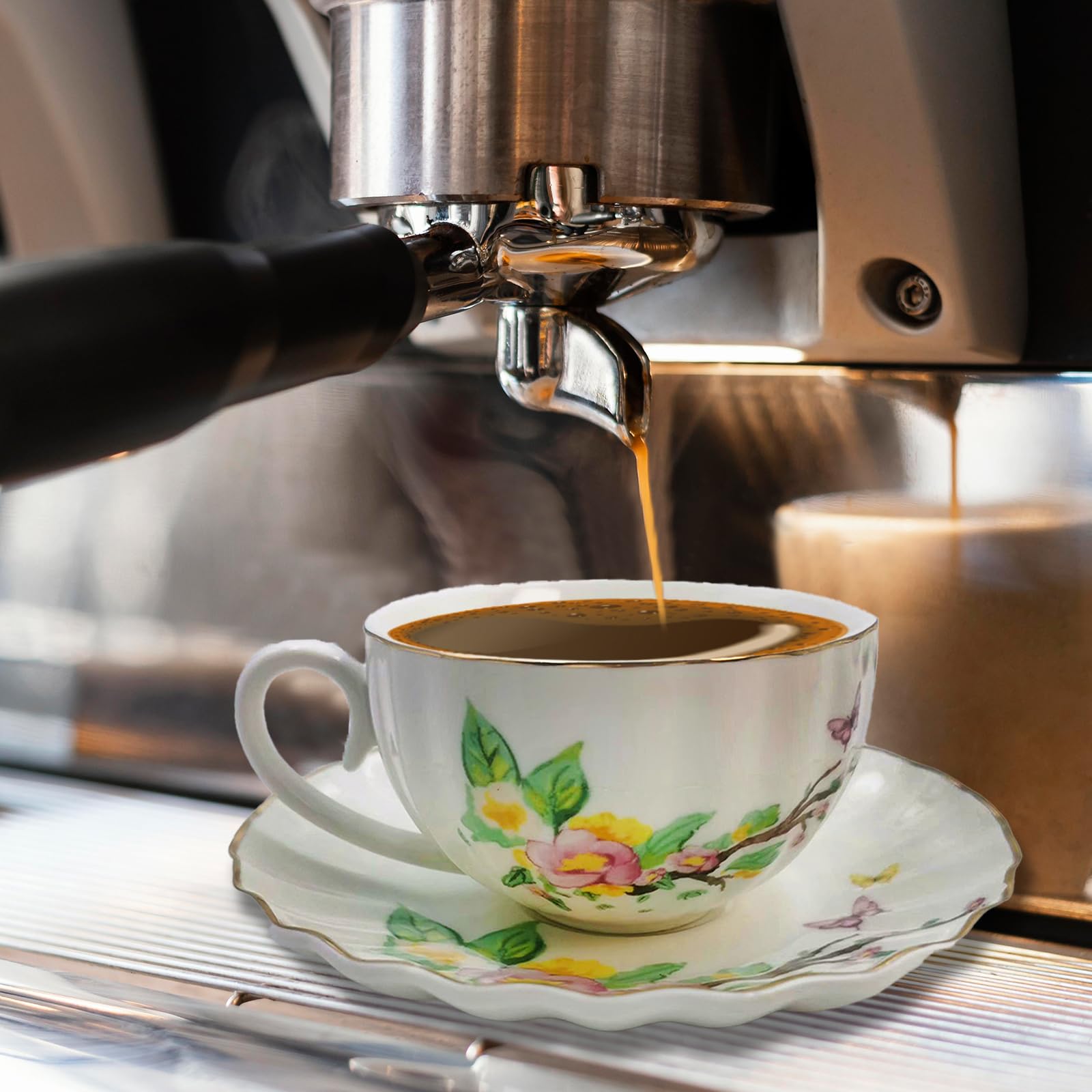 **Elegant Floral Tea Cup and Saucer Set of 4 - 7oz Gold Trim Coffee, Cappuccino & Espresso Mugs - Perfect for Women's Tea Party, Afternoon Tea, Home & Office Use (Pumpkin Design)**