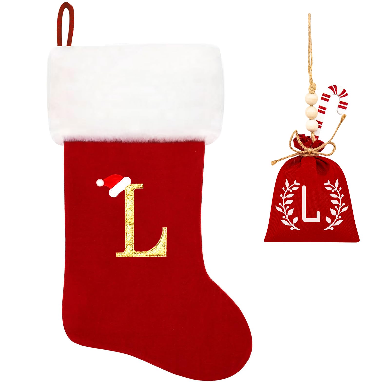 20 Inch Personalized Red Velvet Christmas Stockings with Plush White Cuff - Embroidered Monogram Holiday Stocking Decor for Fireplace, Gift Giving & Family Christmas Decorations (Letter L)